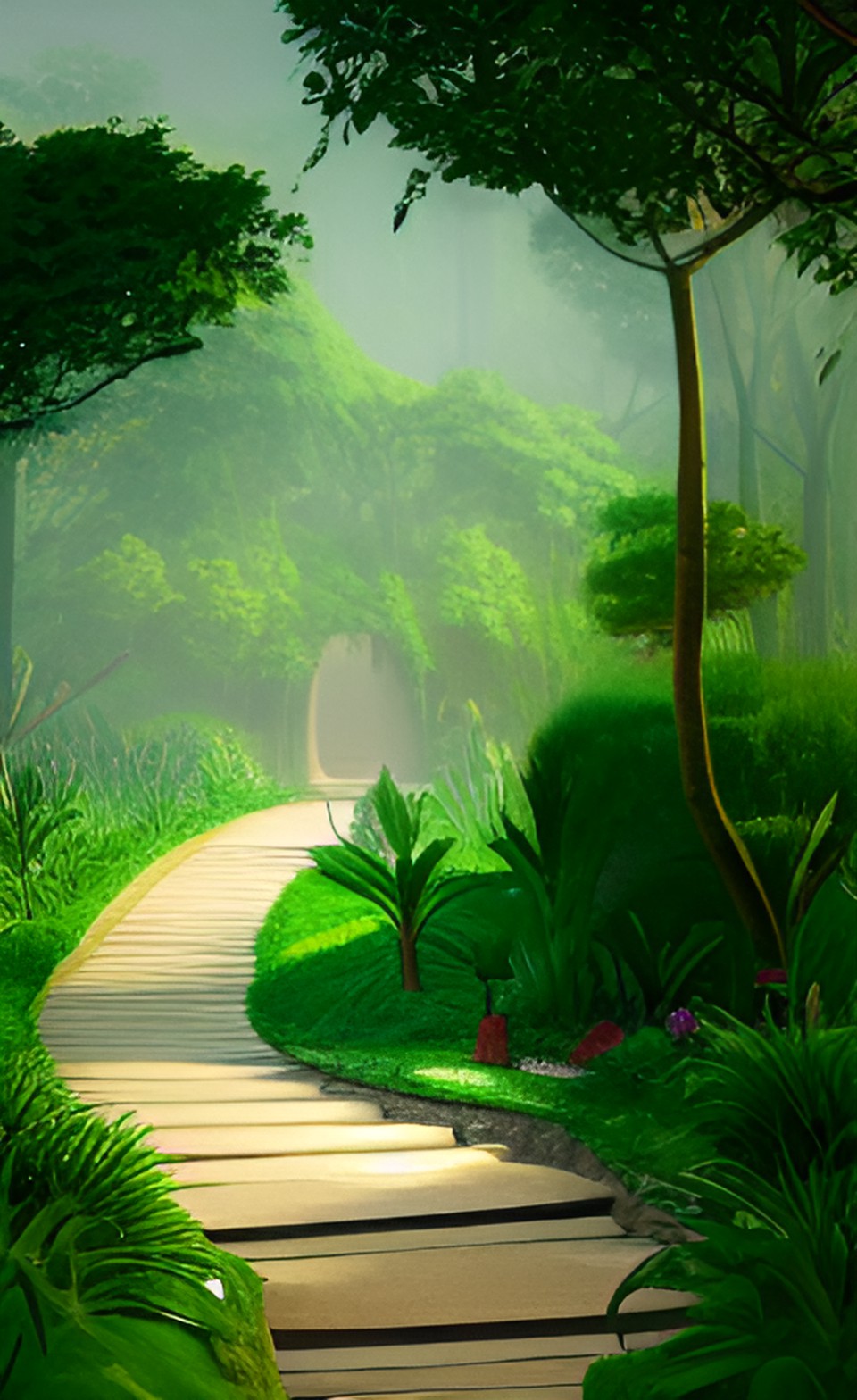 Take the long way home - concept art of a jungle path leading to tree of life, religious, in the style of fenghua zhong preview