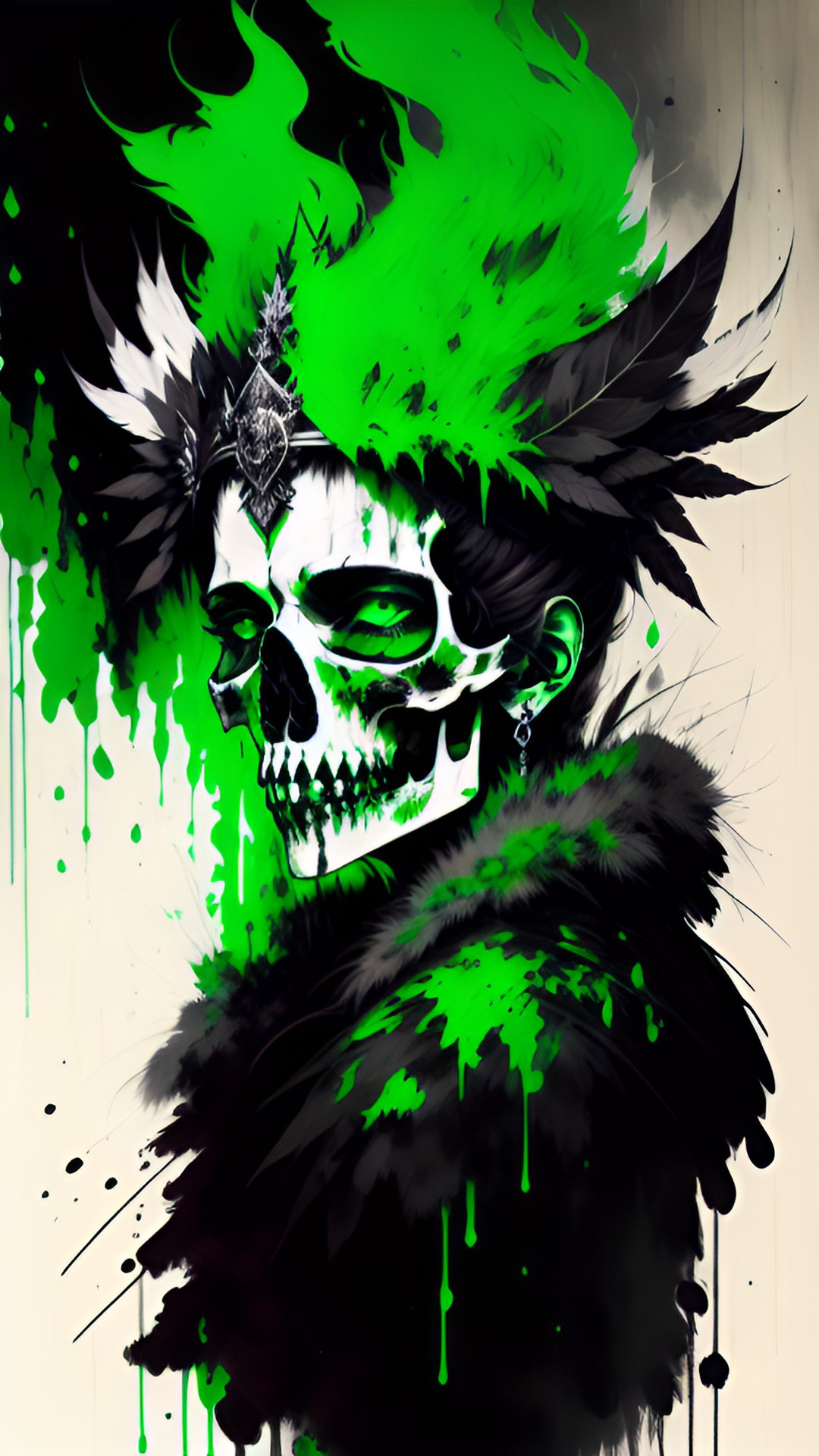 human skull on wooden post. feathered crown, bright green eyes and green fire preview