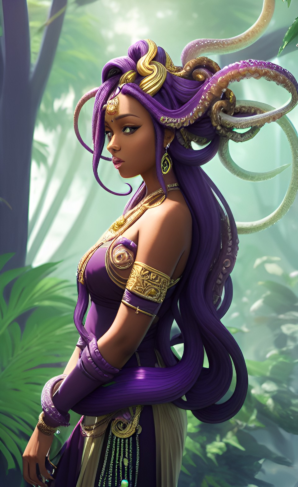 woman, mocha skin, purple hair, tentacle hair, hair made of tentacles, hair jewelry, jewelry in hair, detailed tentacles preview