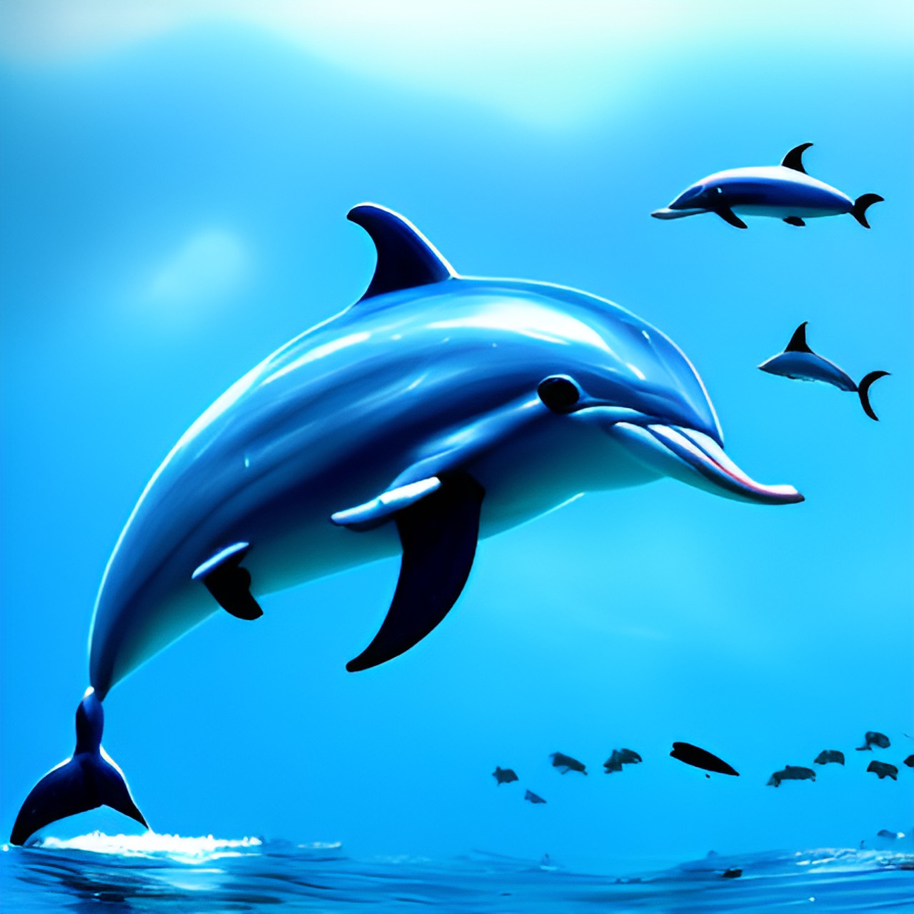 Make a splash - a happy dolphin splashes through the waves playing with little fish. preview