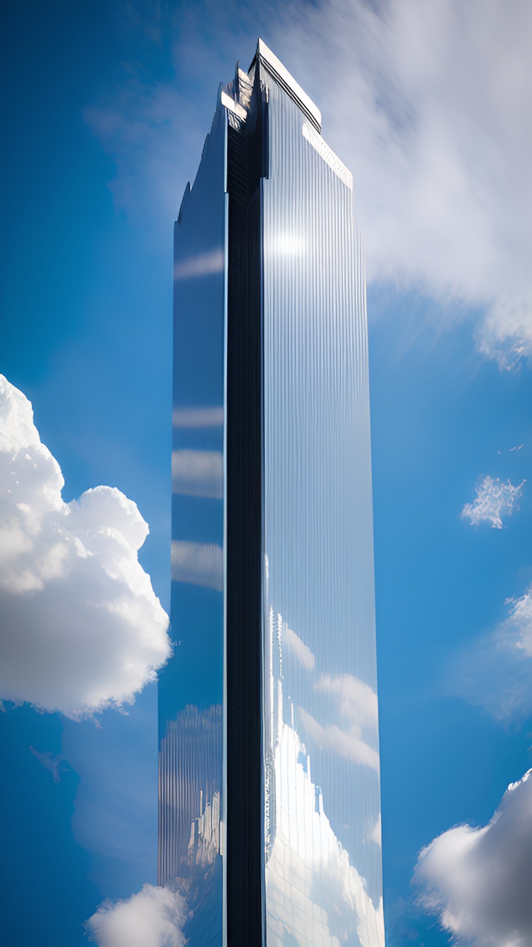 Taller Tower - incredibly tall and sleek tower as viewed from the ground, reflective, shiny, billowing clouds surround it, hyper realistic, preview