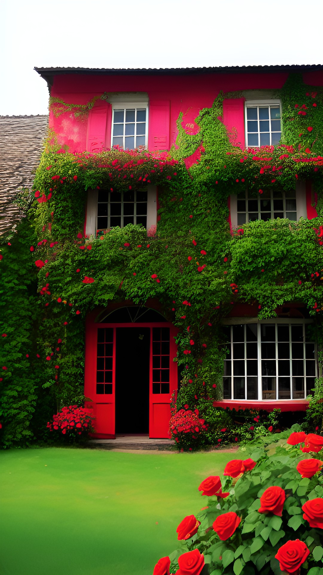 una casa antigua con vidrios de colores, rosas rojas y enrredaderas preview