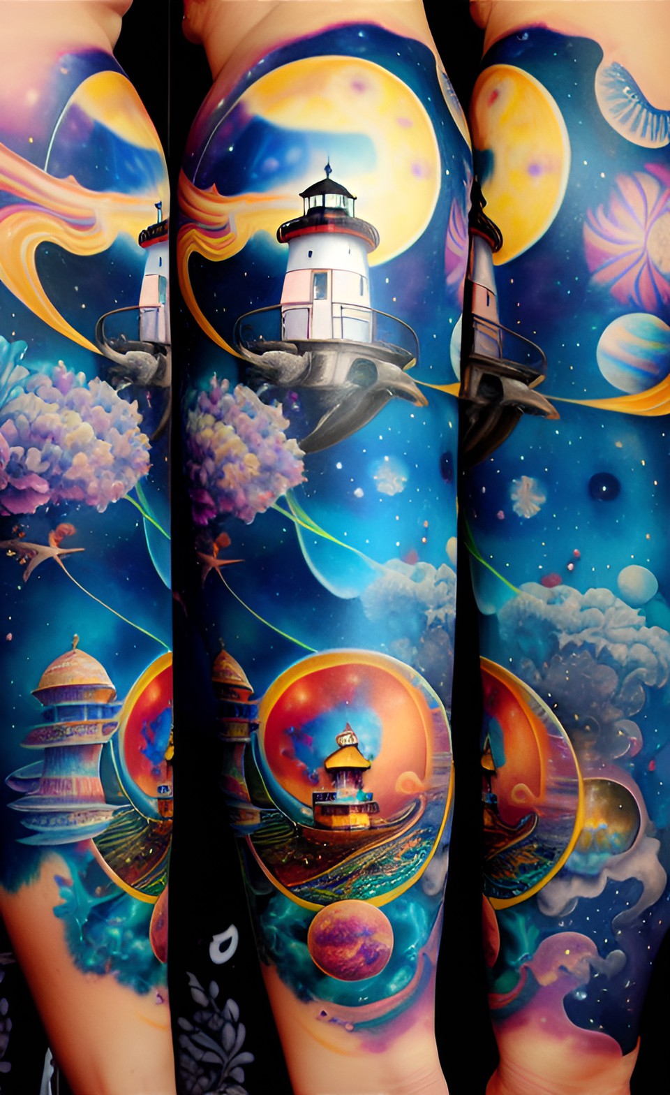 celestial_sea. light house+planets+sea creatures. tattoo_full_arm. preview