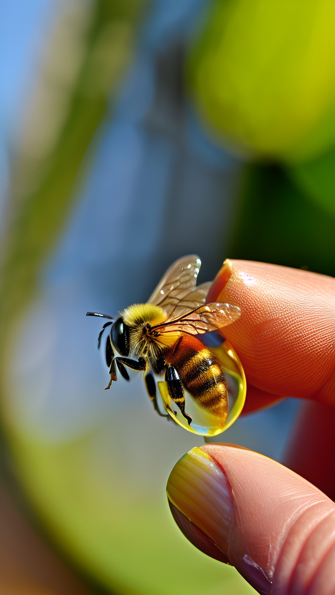 abeja gota - a close-up of hands.
hands hold a drop of water of golden color, transparent
inside the drop there is a bee preview