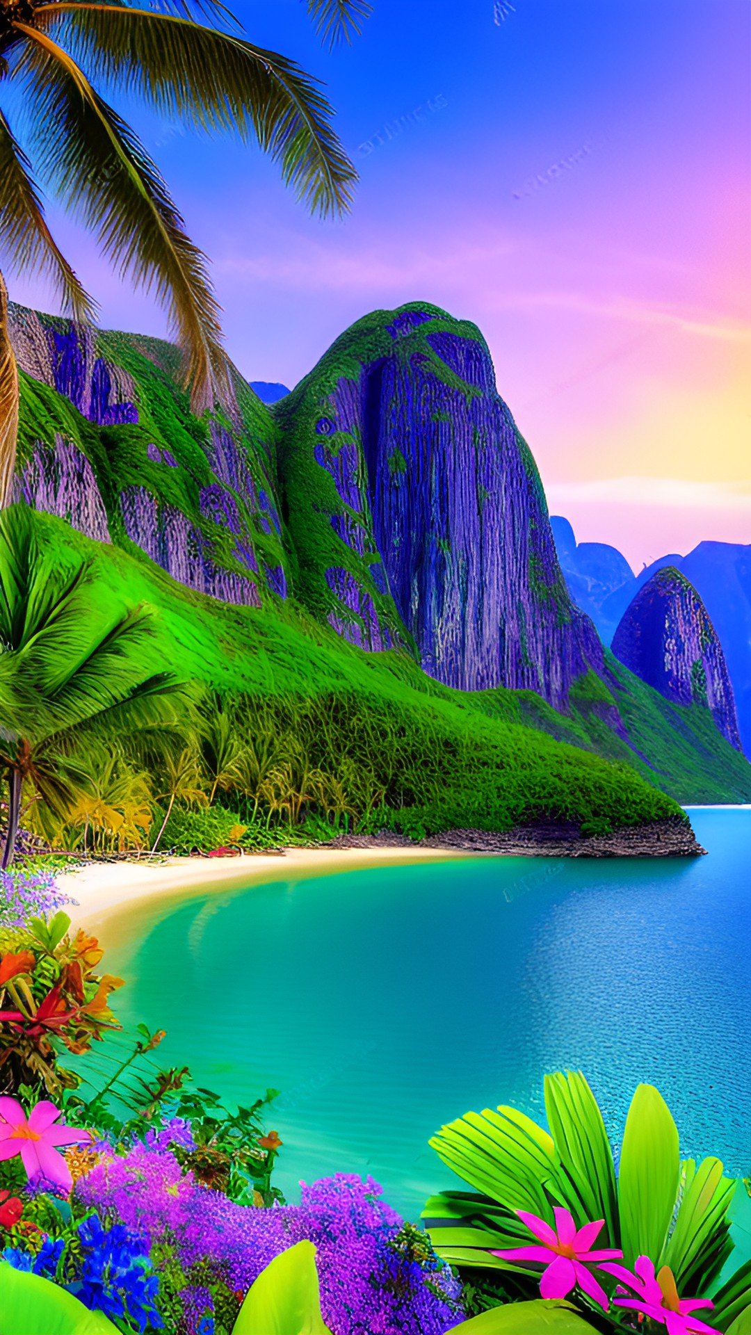 Paradise - island with a lot of flowers, oasis, beach and palm trees, fjord, mountains preview