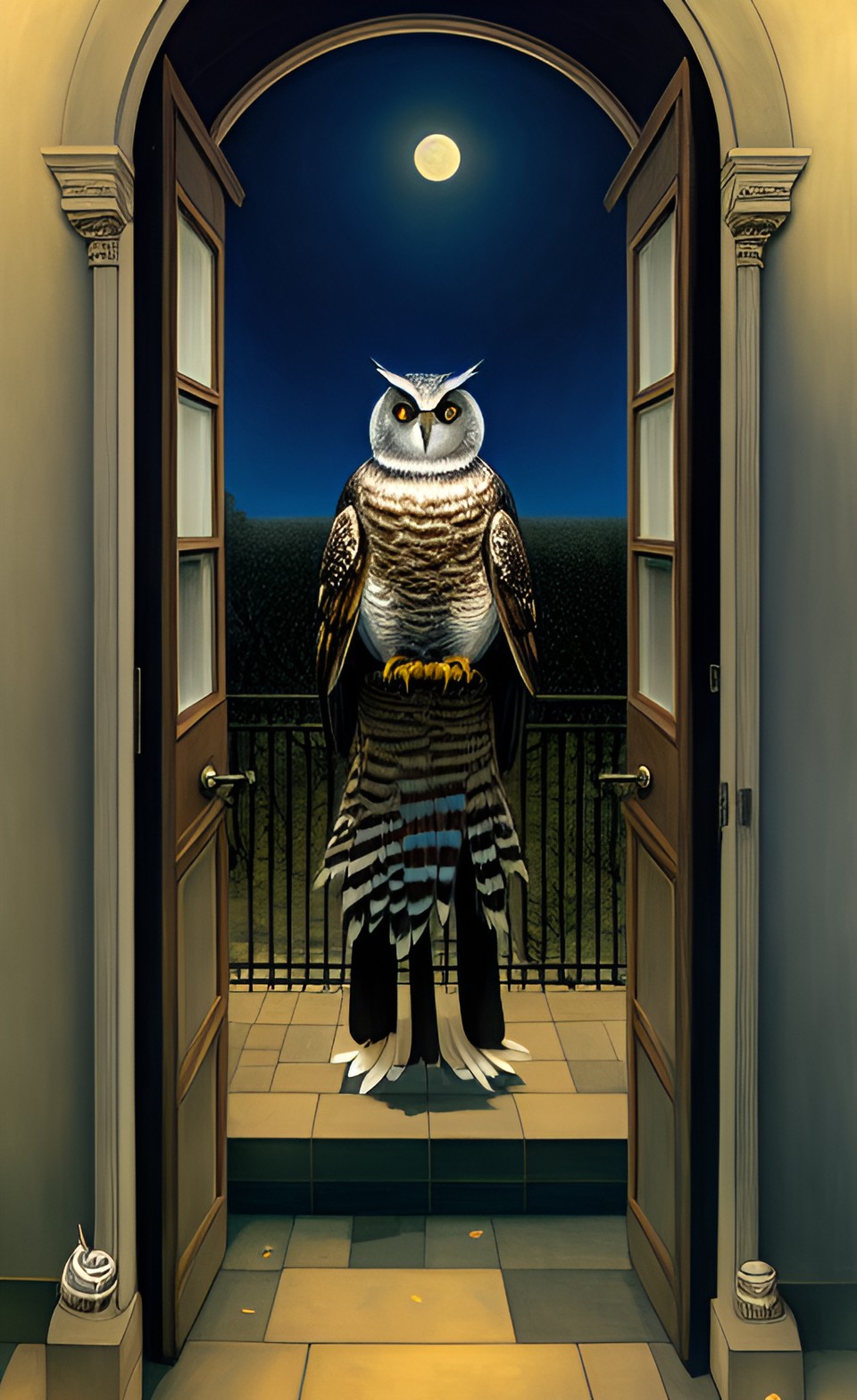 Guest at the door - owls are not what they seem, magical realism, by gerald brom, by paul delvaux preview