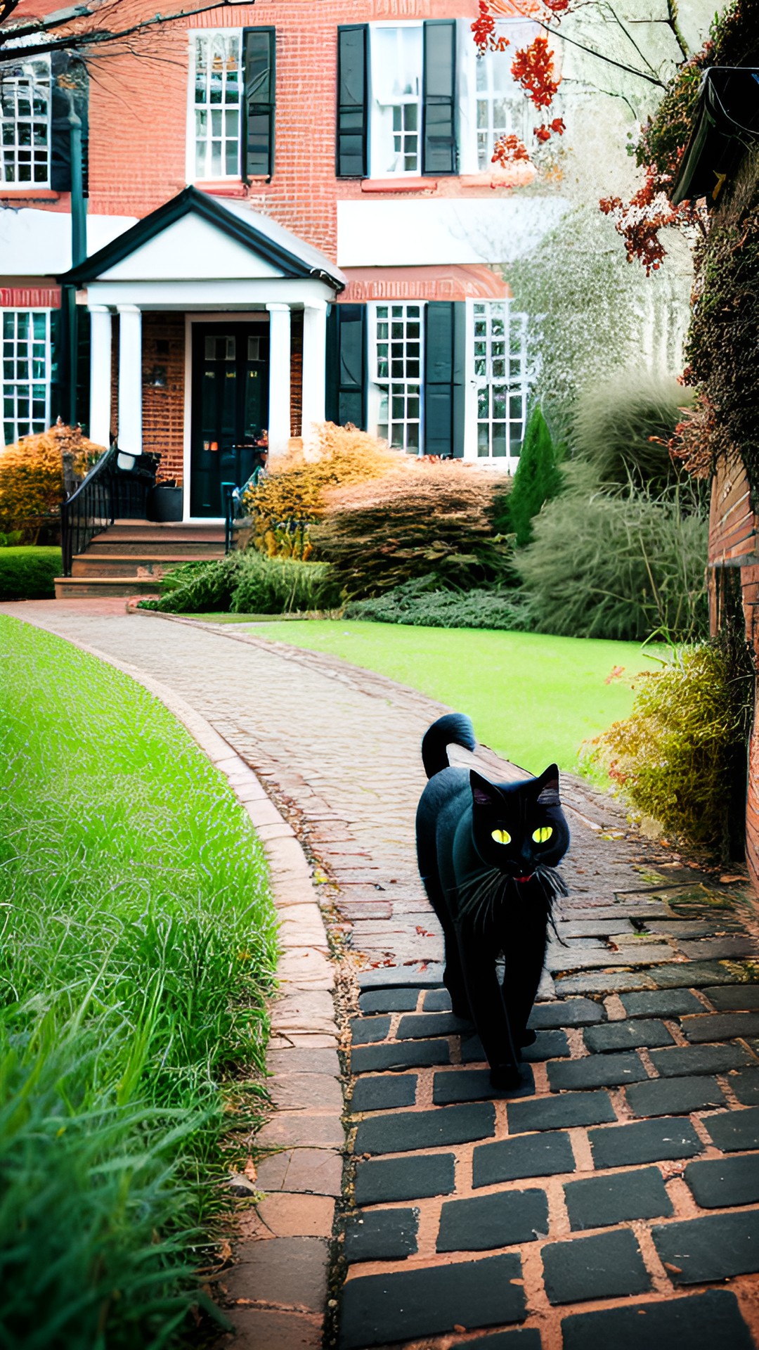 giant black cat walking to a decrepit house down a long red brick road preview