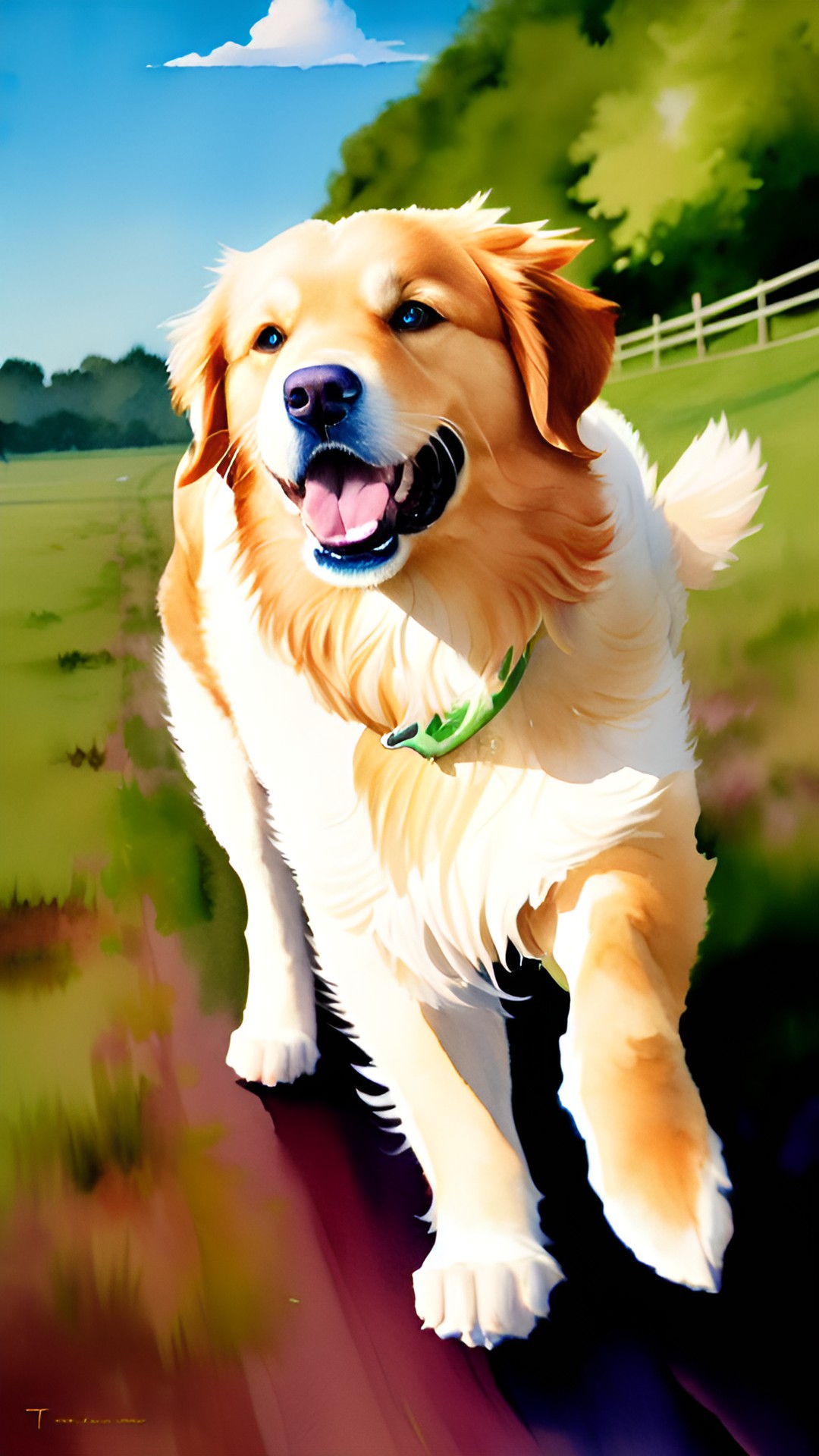 NO.2 GoldenRetriever - a golden retriever running towards me, its fur shining brilliantly in the sun. it looks happy and excited to see me, tail wagging furiously. preview