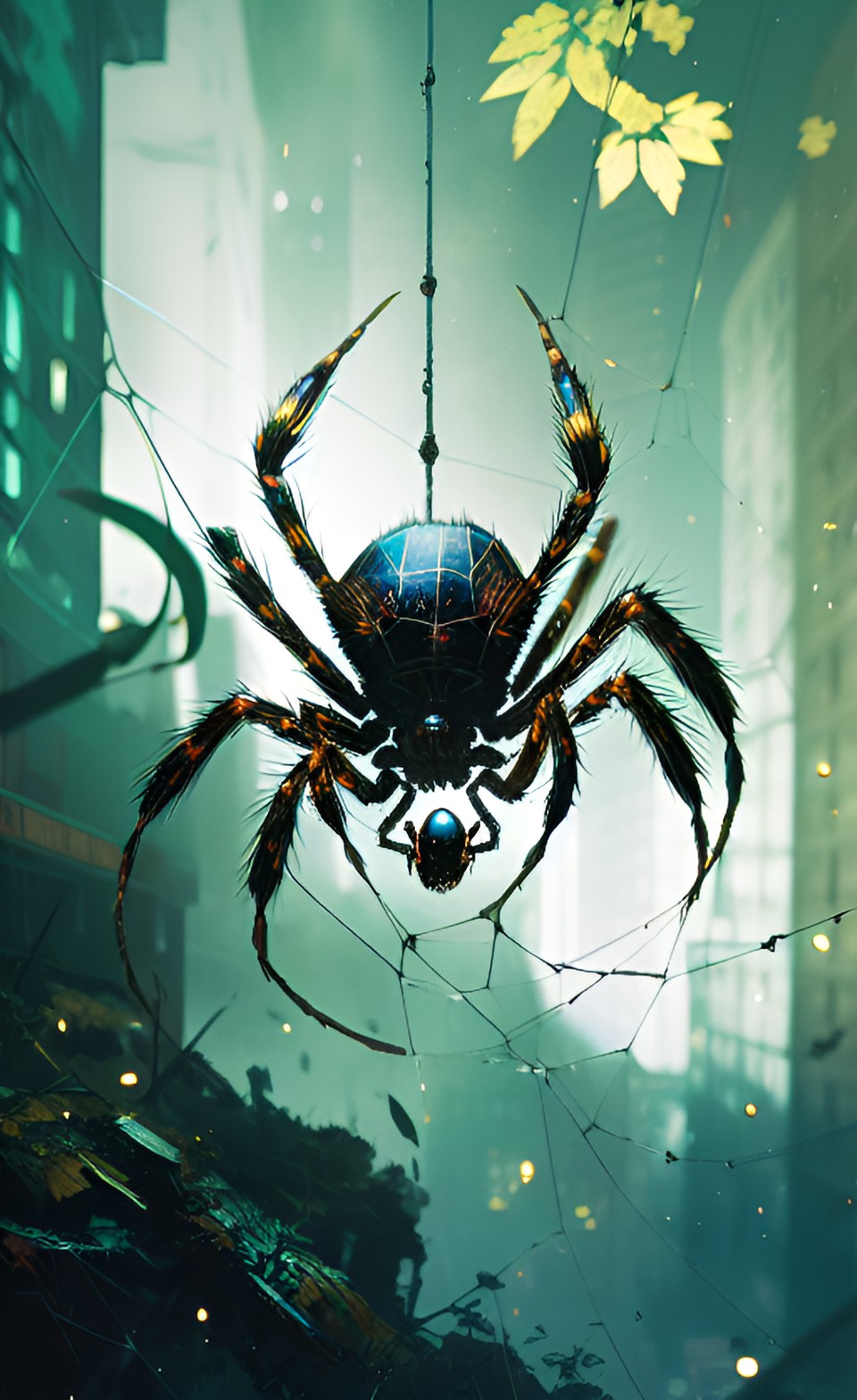 Caught - spider defending web, ultra realistic, glowing, discordant, asymmetrical, illustration, imbalanced, action, motion, combat, climactic, rule of thirds, leading lines, tangled, connected preview