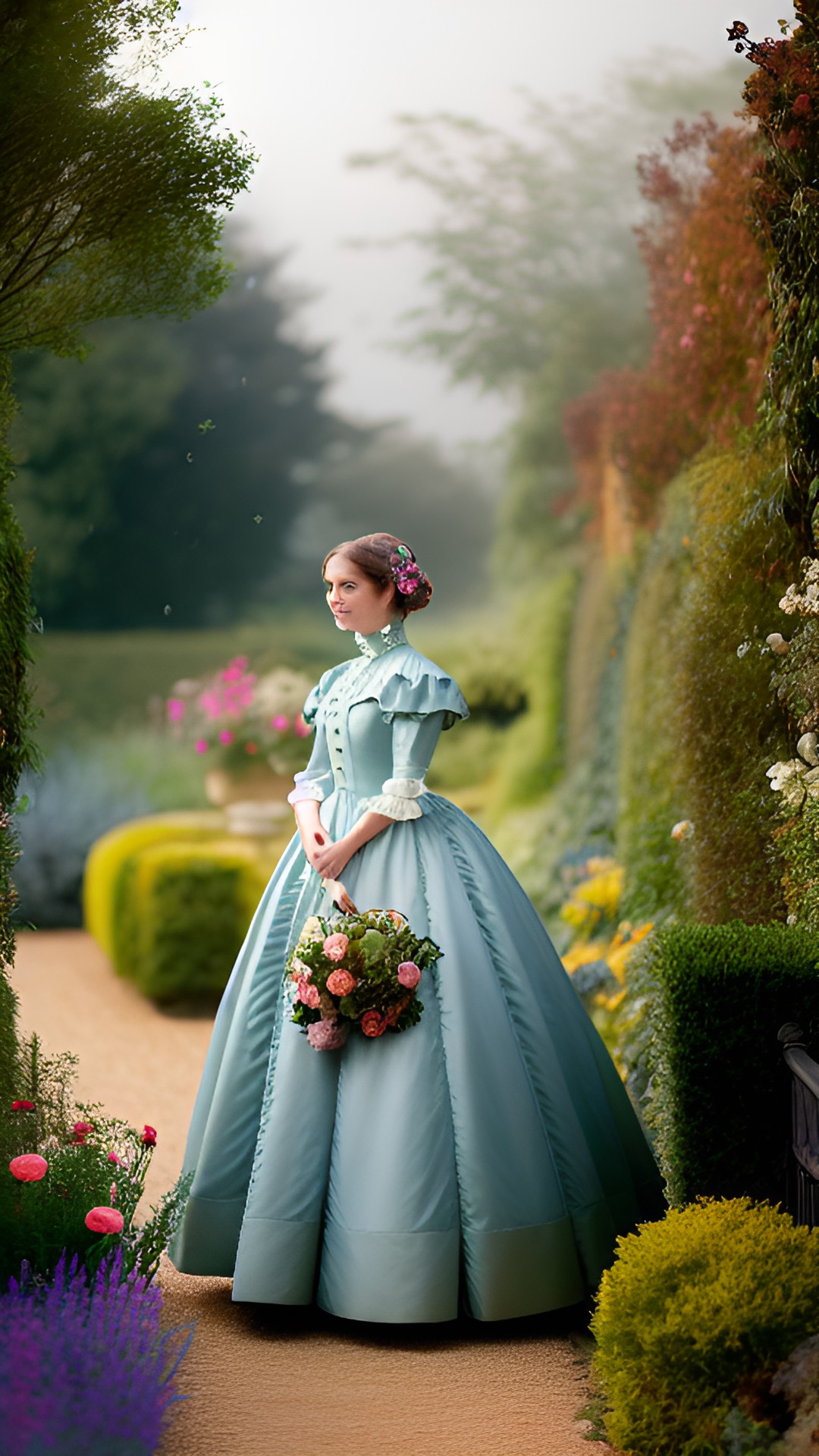 anthropomorphic sea turtle wearing a 19th victorian ballgown, in an english garden, many flowers, misty morning light preview