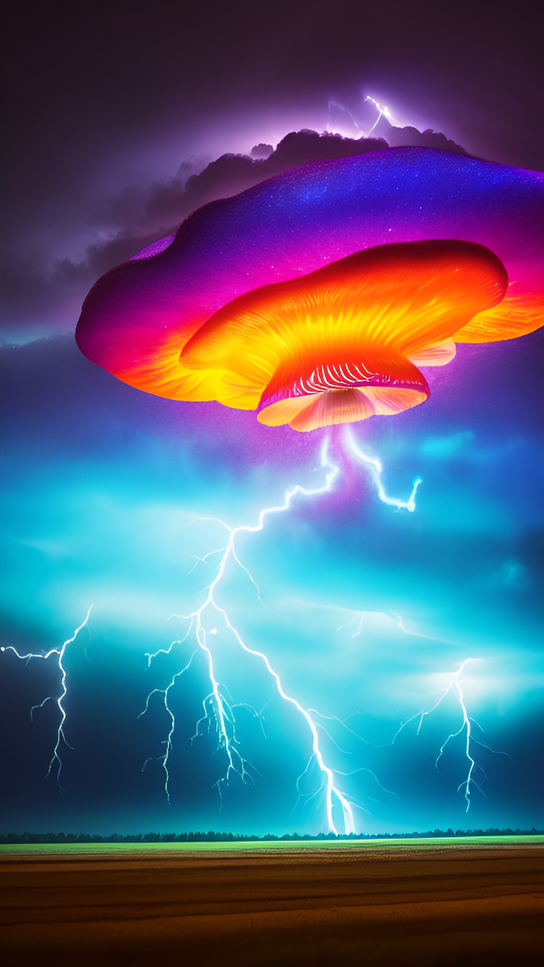 psychedelic ￼mushrooms with lightning strikes in the distance preview