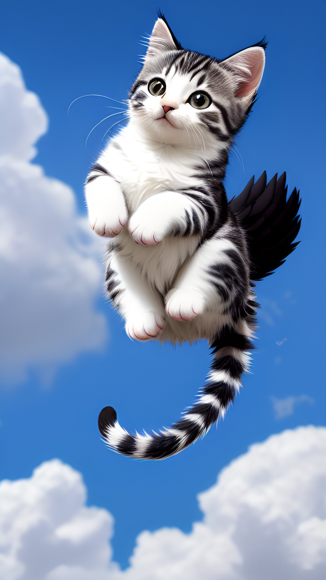 kitten with wings and a tail - a kitten with wings and a fluffy tail, flying through a cloud-filled sky. its fur is a soft gray and its eyes sparkle with mischief. preview