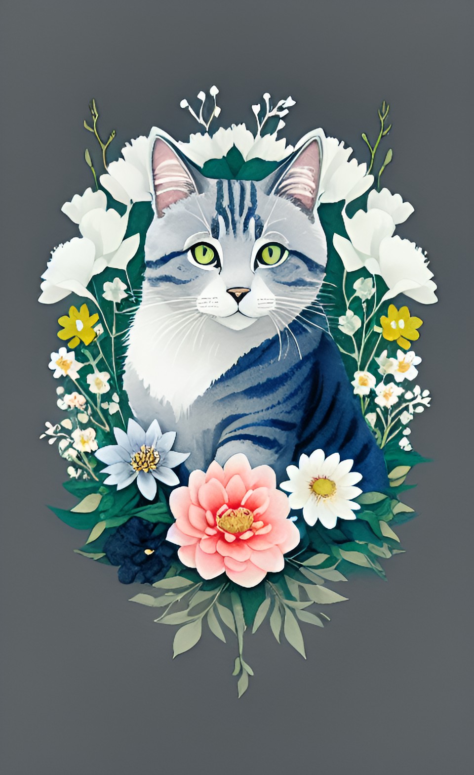 watercolor animation grey with white cat with flower bouquet preview