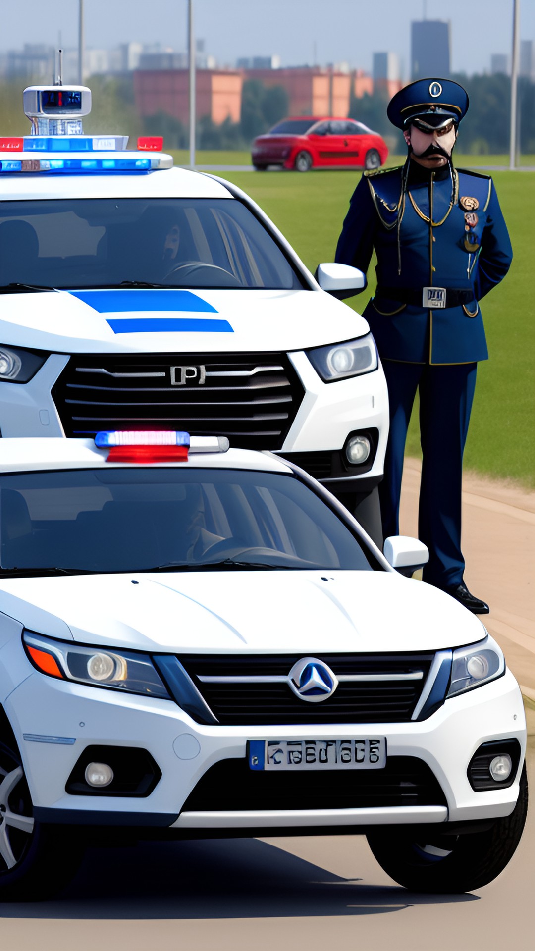 russian police,policeman,3d,4d,ultra quality,realistic,city,police in car - a group of stern, mustached russian policemen in full uniform, standing in front of their sleek and shiny patrol car parked preview