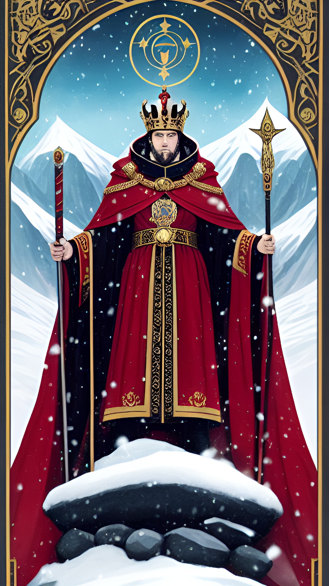 the emperor tarot card sitting atop a stone throne, holding a scepter in one hand and wearing a majestic red cloak. behind him, a mountainous landscape covered in snow, preview