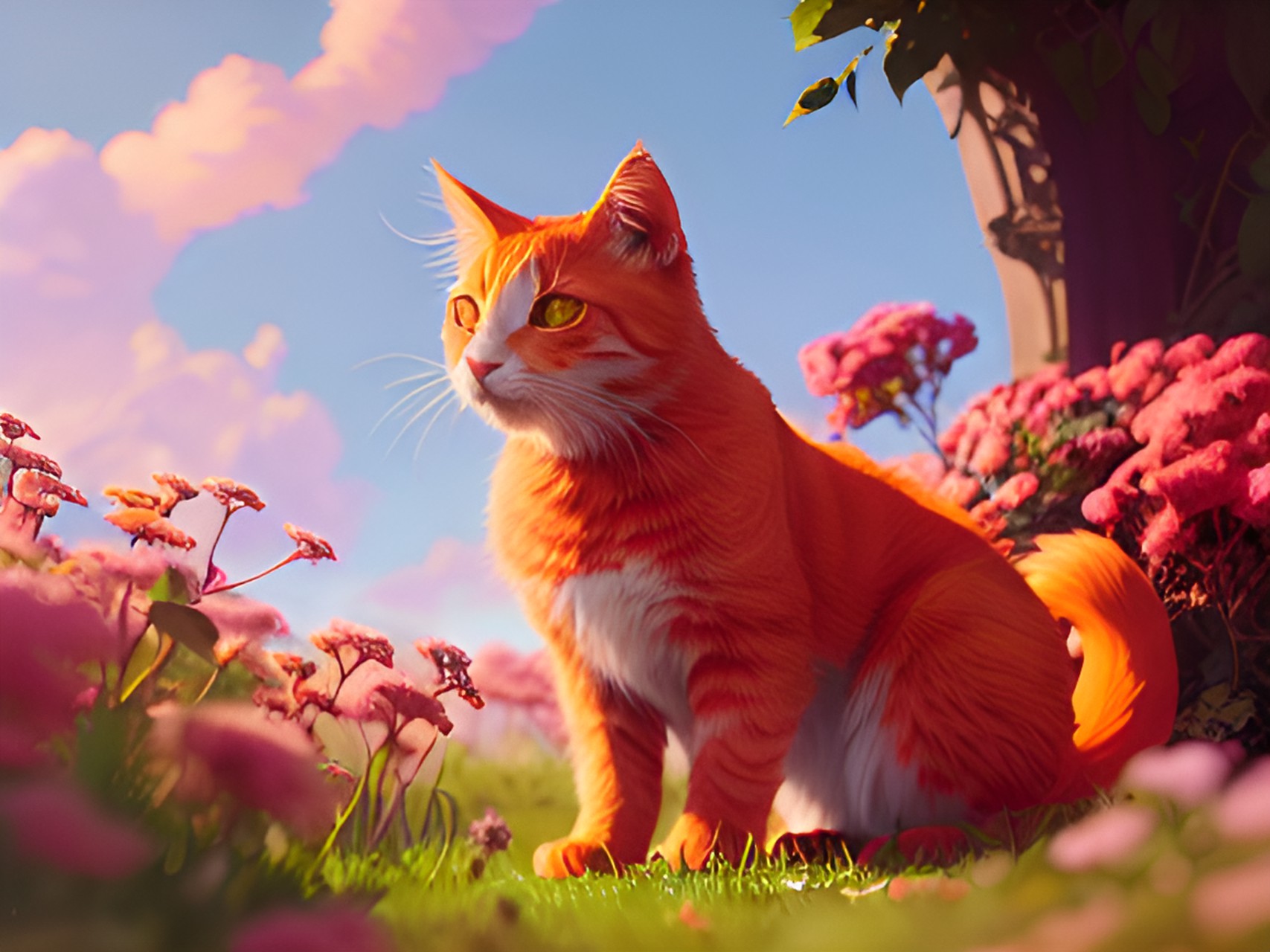 orange cat with pink flowers preview