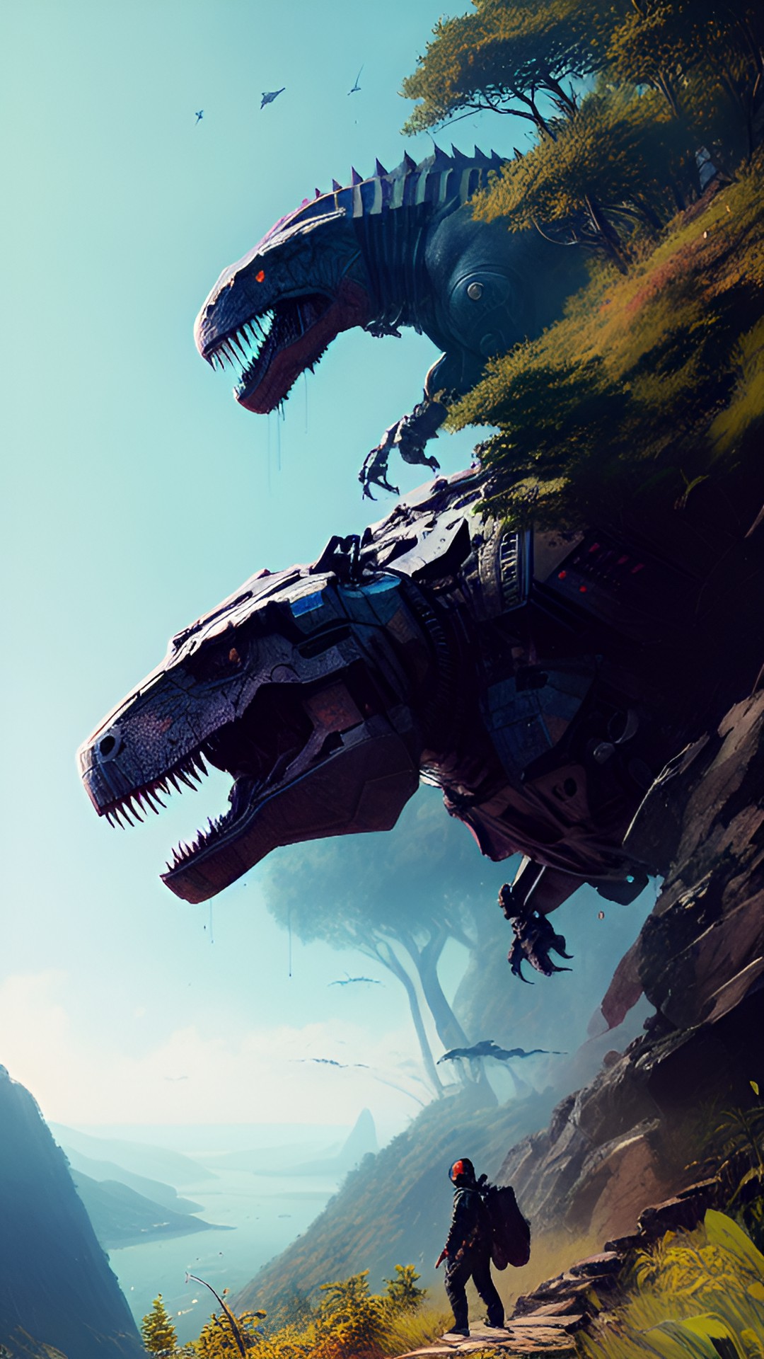 robot t-rex roaring on a cliff preview