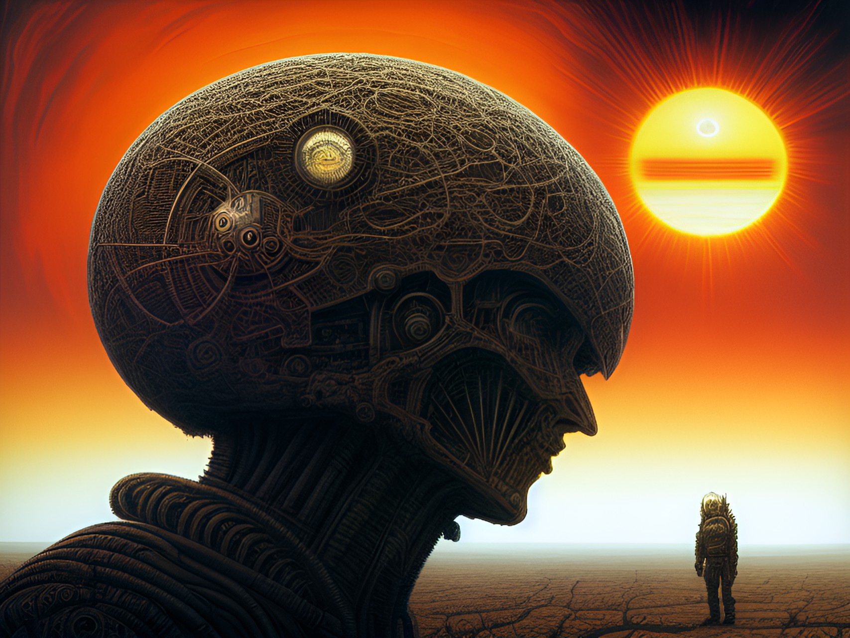 sun fever caleidoscopic, panorama, reflects, hyperdetailed, hyperresolution, intrincately detailed ultrasharp alien, robotic humanoid being, infrared style portrait white faces beings, artwork h.r. giger & peter gric & beksinski & gustavo doré & preview