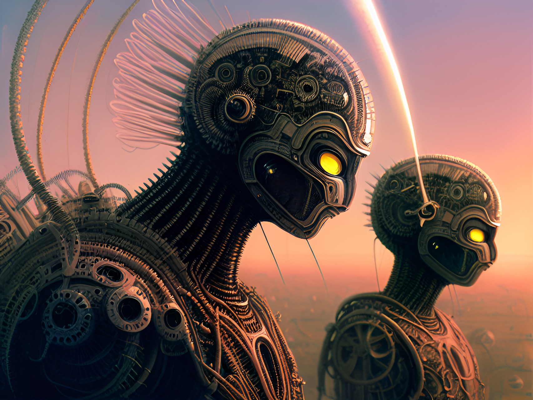 sun fever caleidoscopic, panorama, reflects, hyperdetailed, hyperresolution, intrincately detailed ultrasharp alien, robotic humanoid being, infrared style portrait white faces beings, artwork h.r. giger & peter gric & beksinski & gustavo doré preview