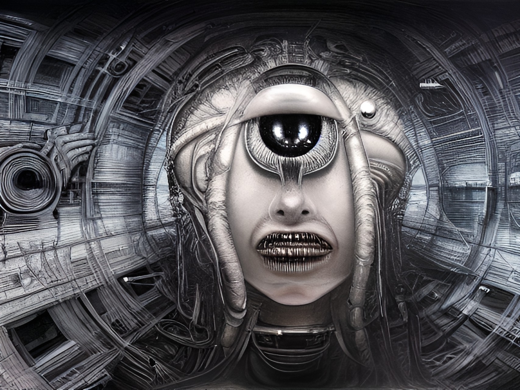 caleidoscopic panorama, reflects, hyperdetailed, hyperresolution, intrincately detailed ultrasharp, alien, robotic humanoid being, infrared style portrait, white face beings, artwork by h.r. giger & peter gric & beksinski & gustavo doré & tim burton, caleidoscopic panorama preview