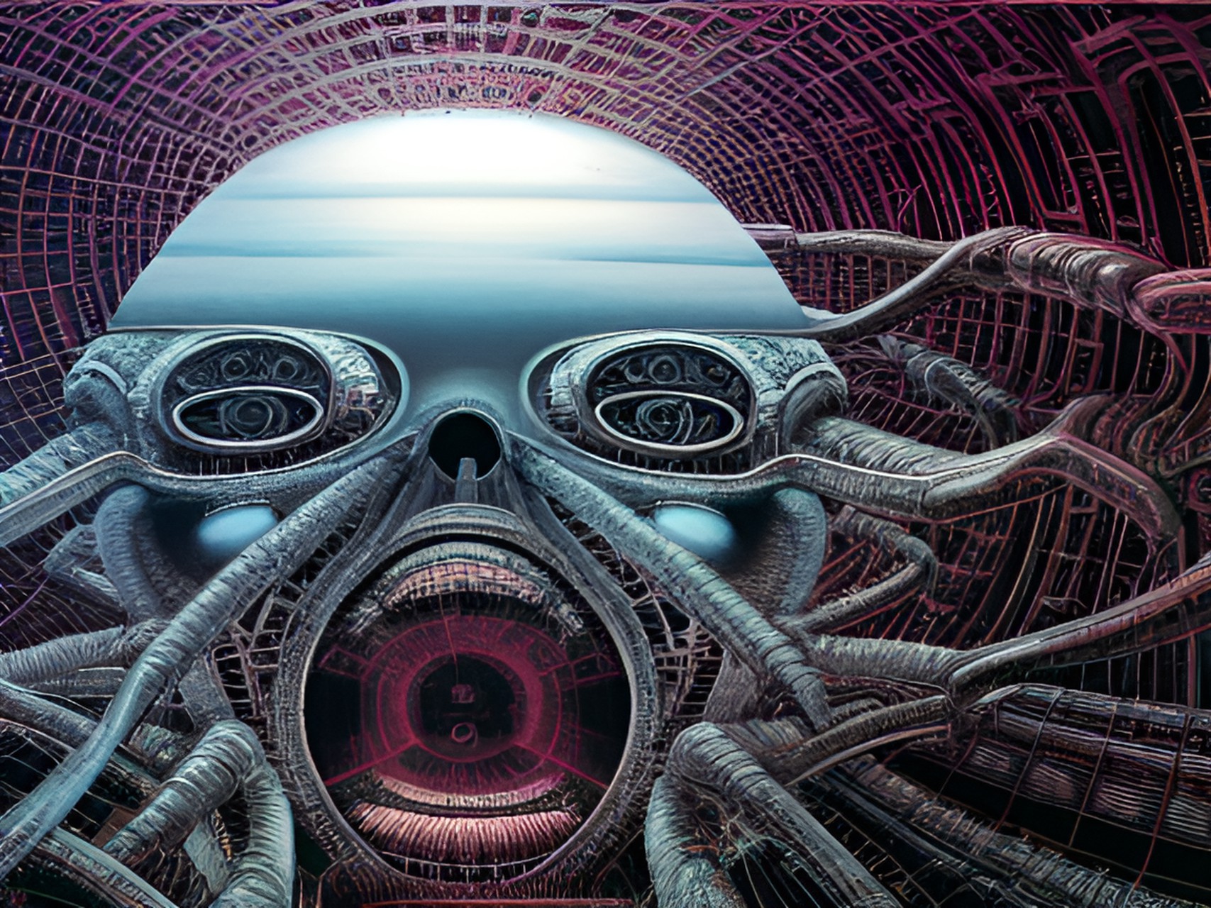 caleidoscopic panorama, reflects, hyperdetailed, hyperresolution, intrincately detailed ultrasharp, alien, robotic humanoid being, infrared style portrait, white face beings, artwork by h.r. giger & peter gric & beksinski & gustavo doré & tim burton, caleidoscopic panorama preview