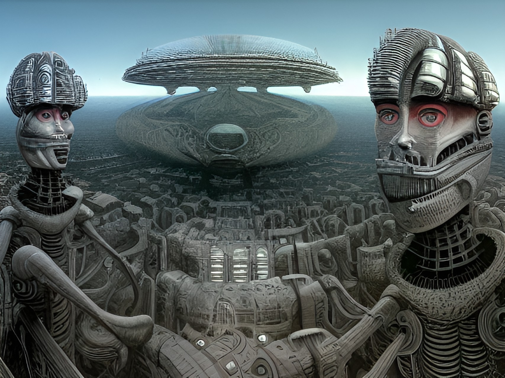 caleidoscopic panorama, reflects, hyperdetailed, hyperresolution, intrincately detailed ultrasharp, alien, robotic humanoid being, infrared style portrait, white face beings, artwork by h.r. giger & peter gric & beksinski & gustavo doré & tim burton, caleidoscopic panorama preview