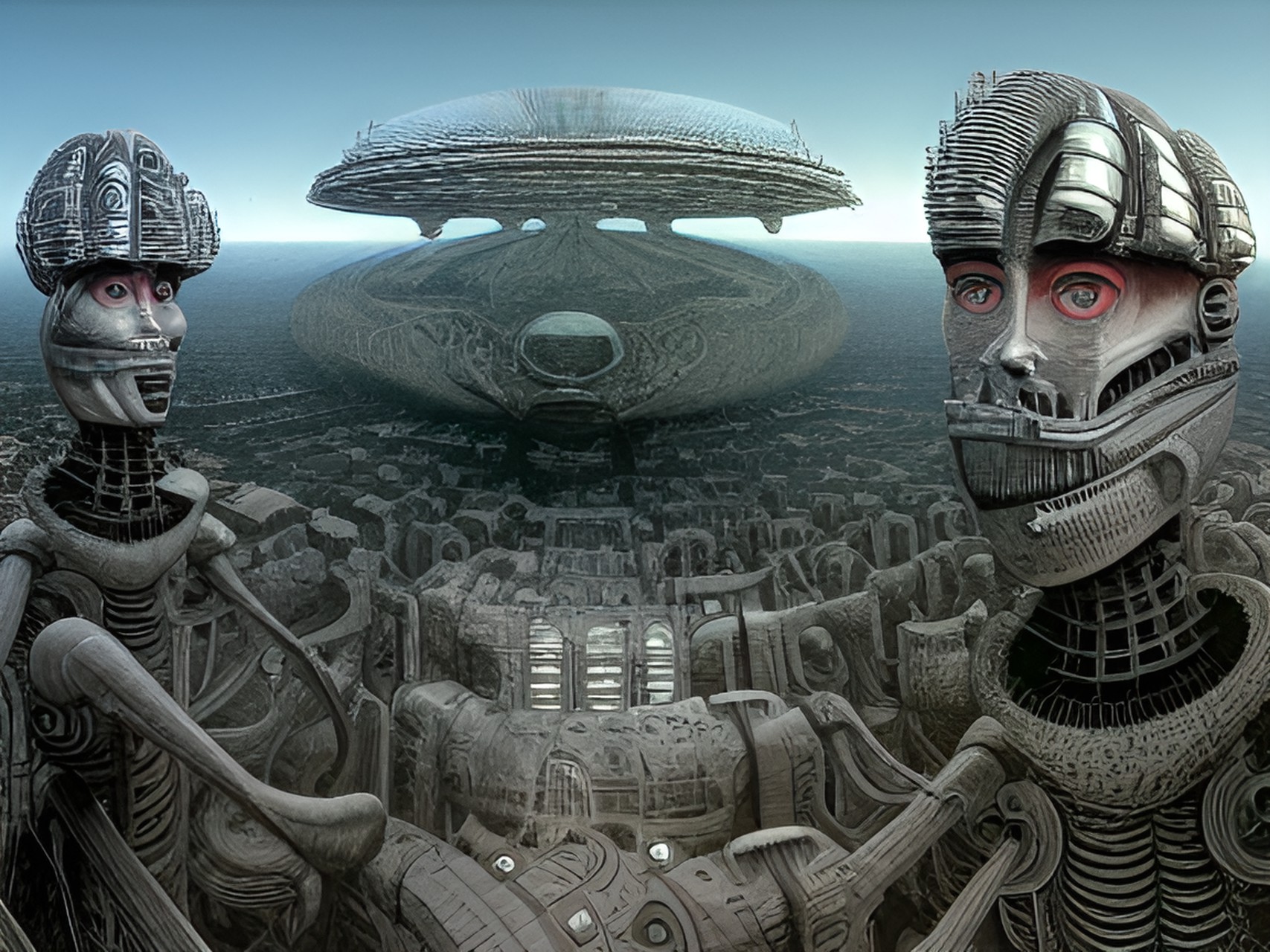 caleidoscopic panorama, reflects, hyperdetailed, hyperresolution, intrincately detailed ultrasharp,  alien, robotic humanoid being, infrared style portrait, white face beings, artwork by h.r. giger & peter gric & beksinski & gustavo doré & tim burton, caleidoscopic panorama preview