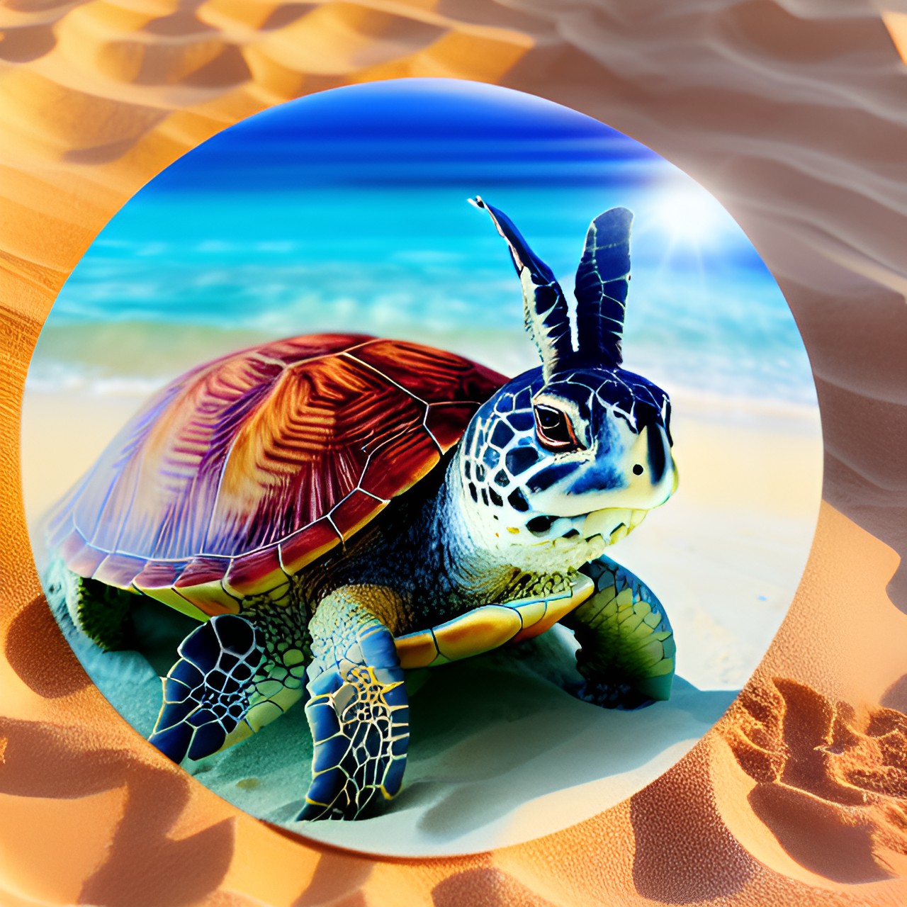a turtle in the sea playing with a rabbit on the sand and a ใใใฎใผใ๏ฟผdecoration. preview