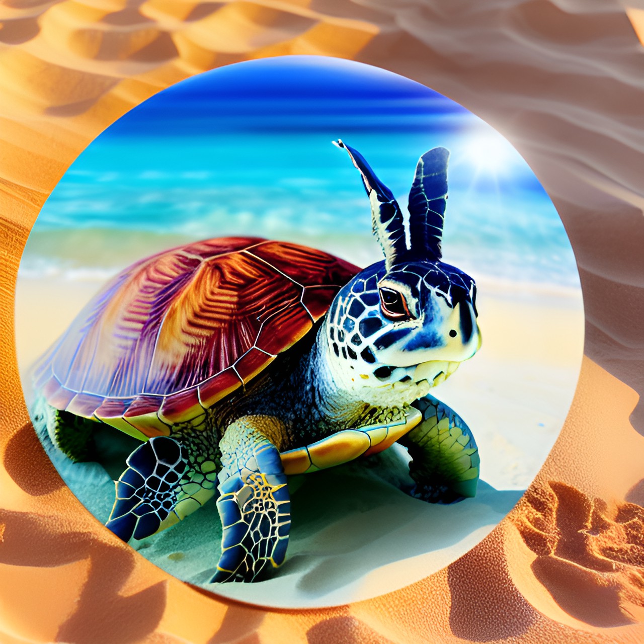 a turtle in the sea playing with a rabbit on the sand and a こいのぼり￼decoration. preview