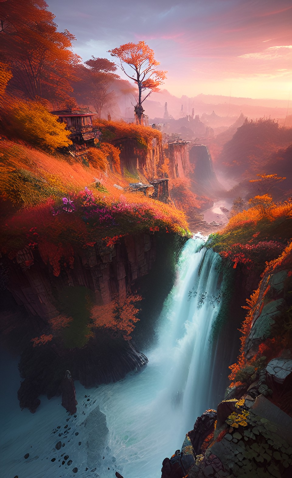 waterfall - the most amazing piece of 3d landscape, sunset art ever. in the style of any amazingly tallented artist preview