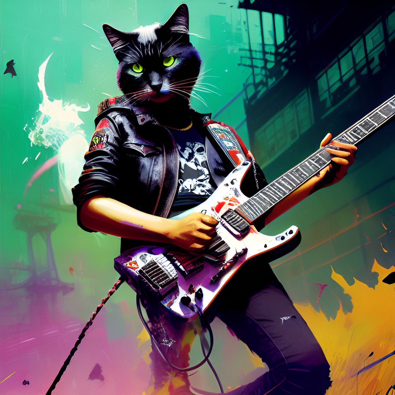 punk cat playing aggressive rock on electric guitar preview