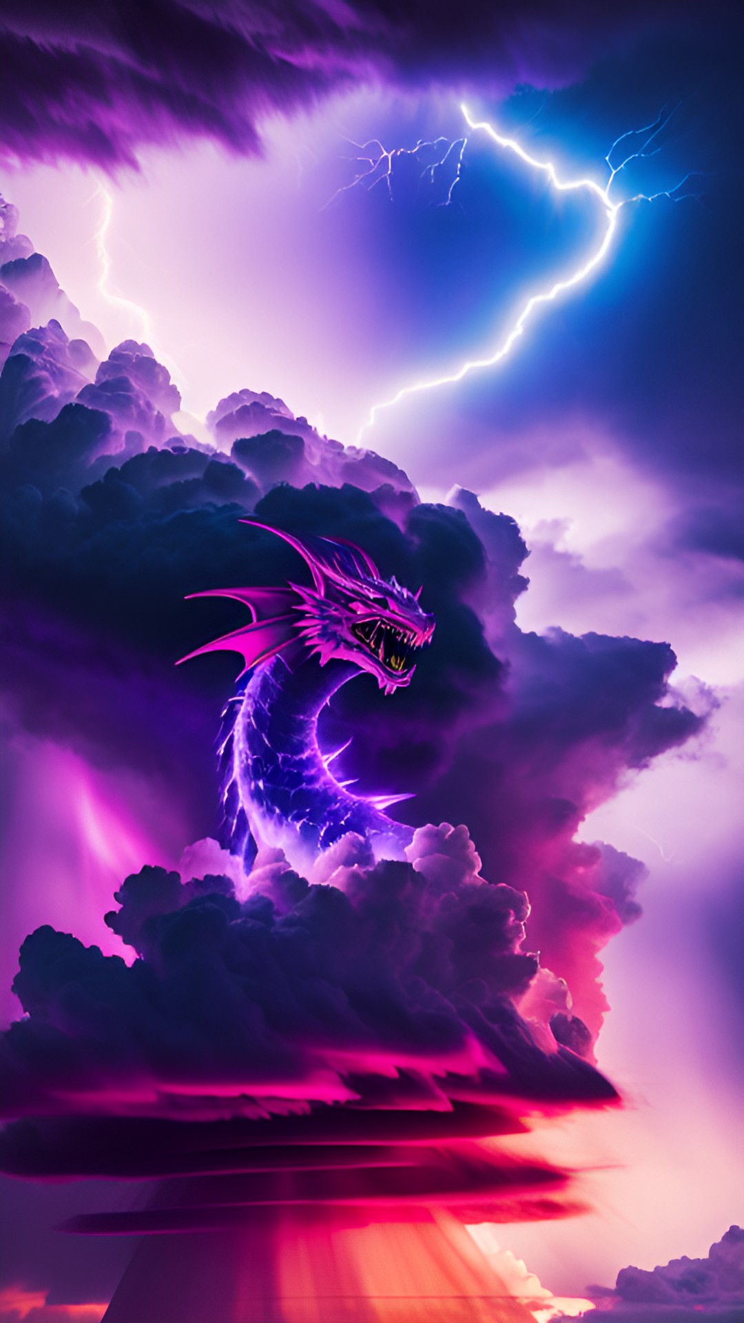 cloudy dark night sky, purple lightning strike, terrifying dragon behind clouds preview