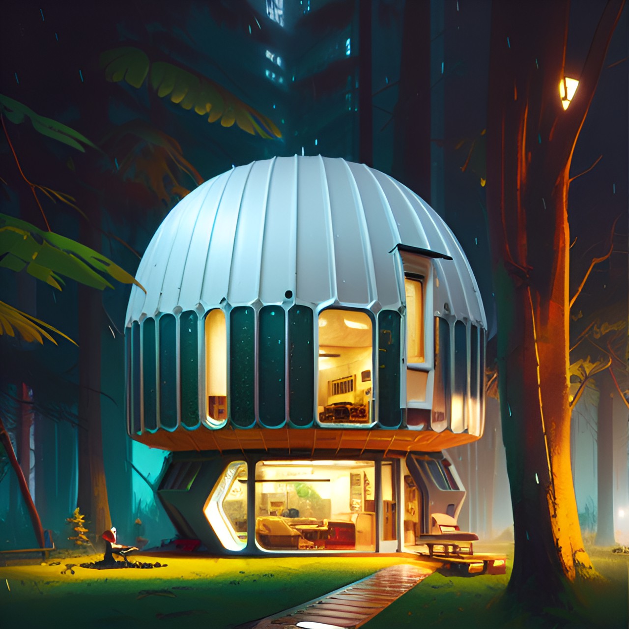 small futuristic house pod in snowy pacific northwest rain forest, rounded with wood riveted panels, computers, switches, hyper realistic, high resolution, 3d render, high technology, sci-fi, cyberpunk, science fiction, monkeys preview