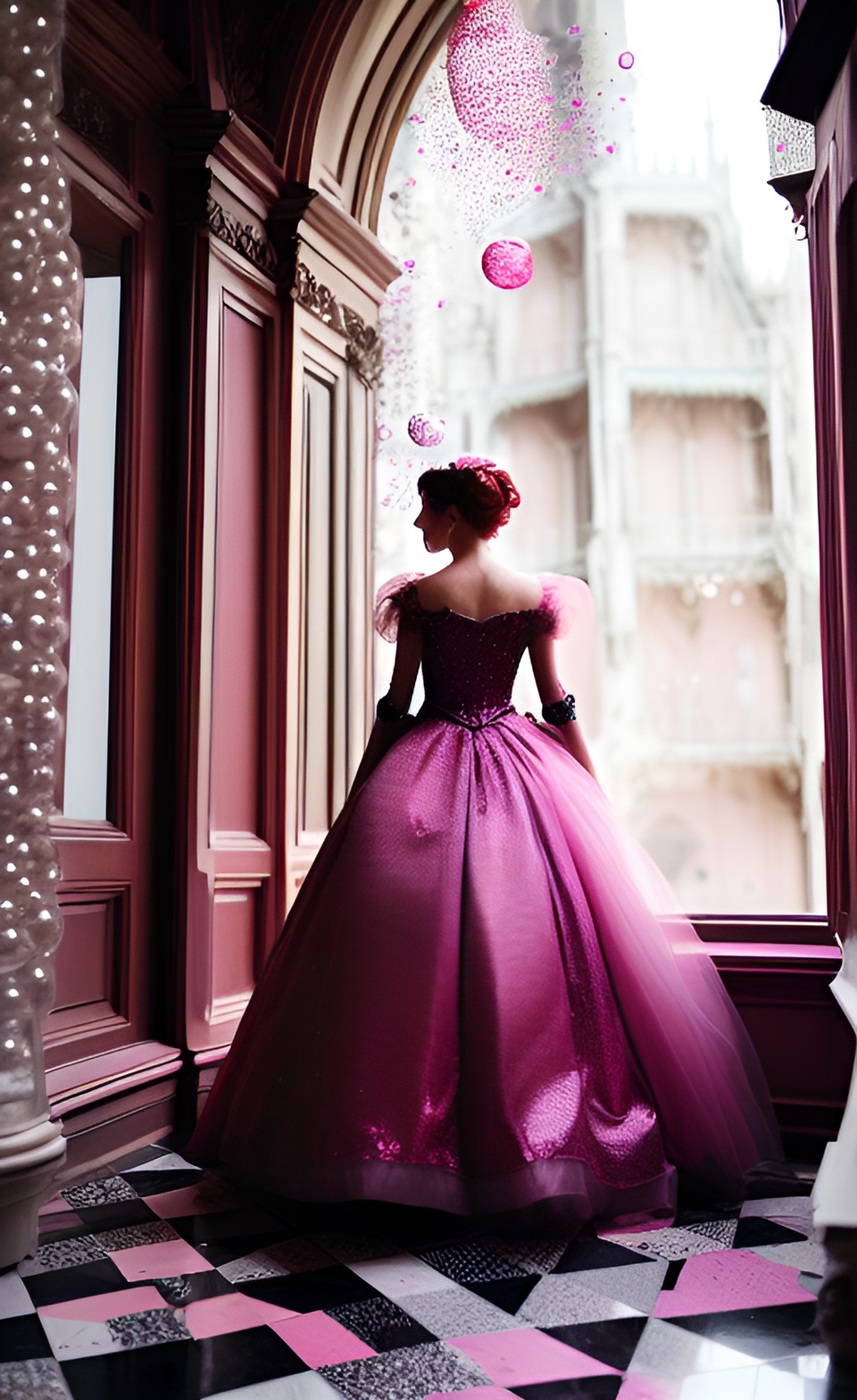 cinderella 
pink ballgown
red hair 
renaissance castle
pink bubbles and polka-dot sparkles preview