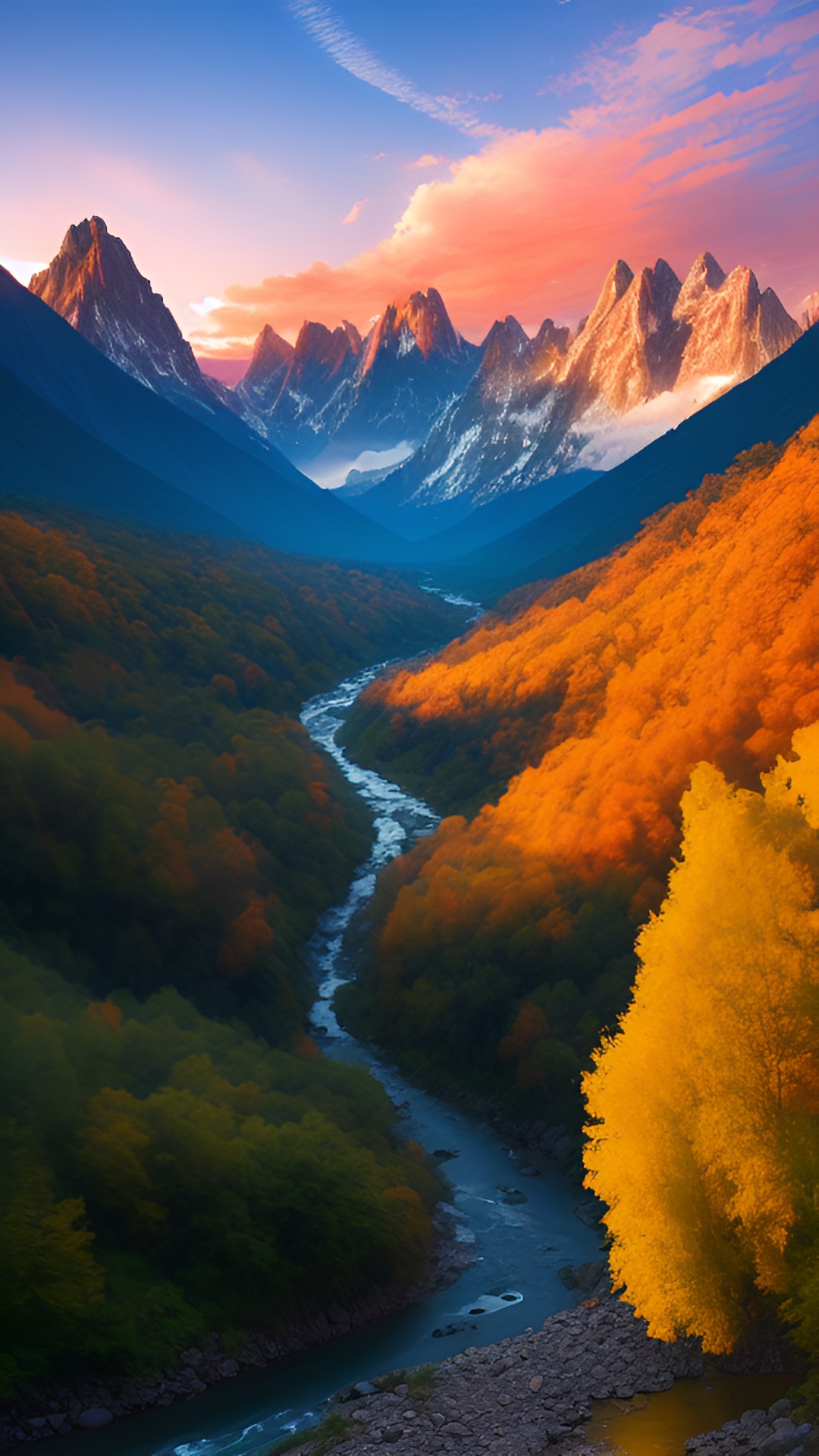 I see - a river flows with mountains in the background, a waterfall cascades down, clouds scatter across the sky and the sunset colors fill the scene. preview