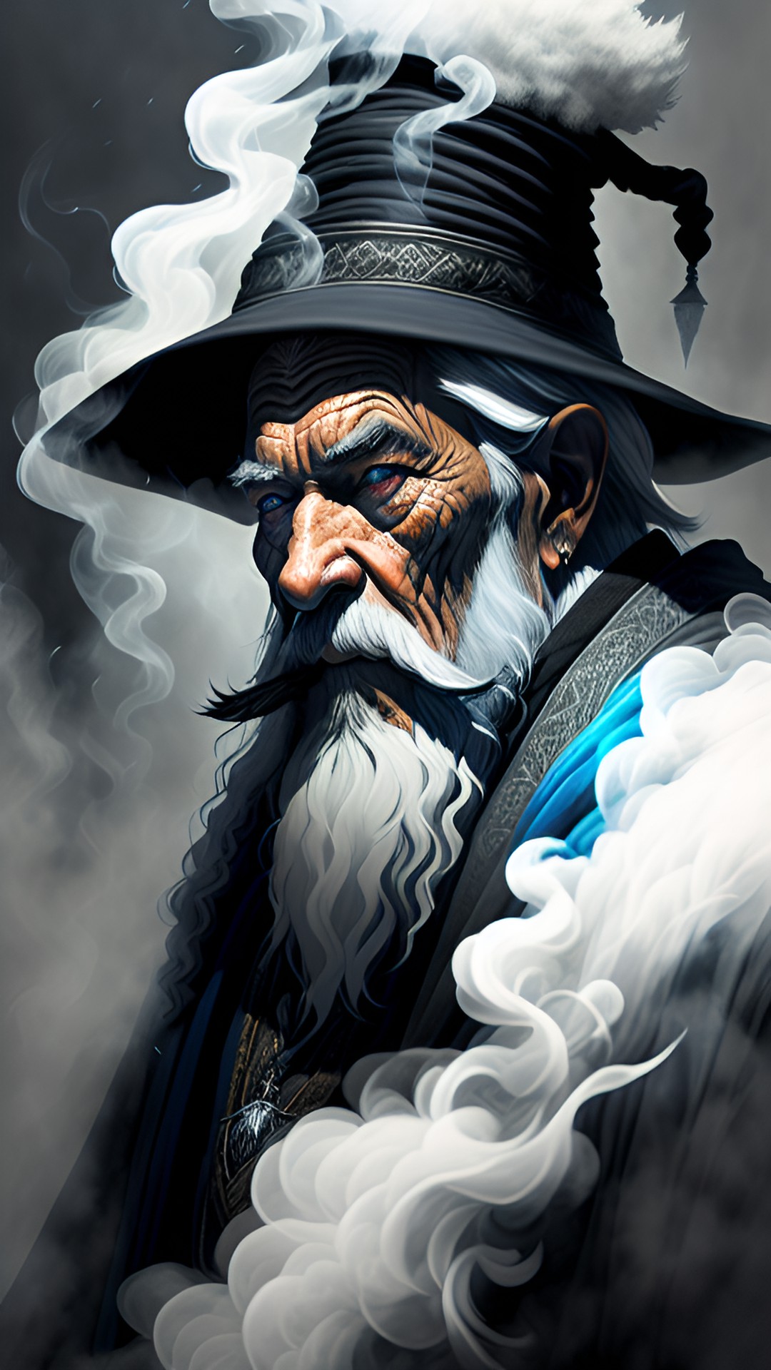 Gandalf? - 영화 반지의 제왕에 나오는 간달프를 모티브로 한 담배잎을 태우는 늙은 마법사 - an old wizard smoking a leaf inspired by gandalf from lord of the rings. he wears a blue hat, a long white beard, and a robe. preview