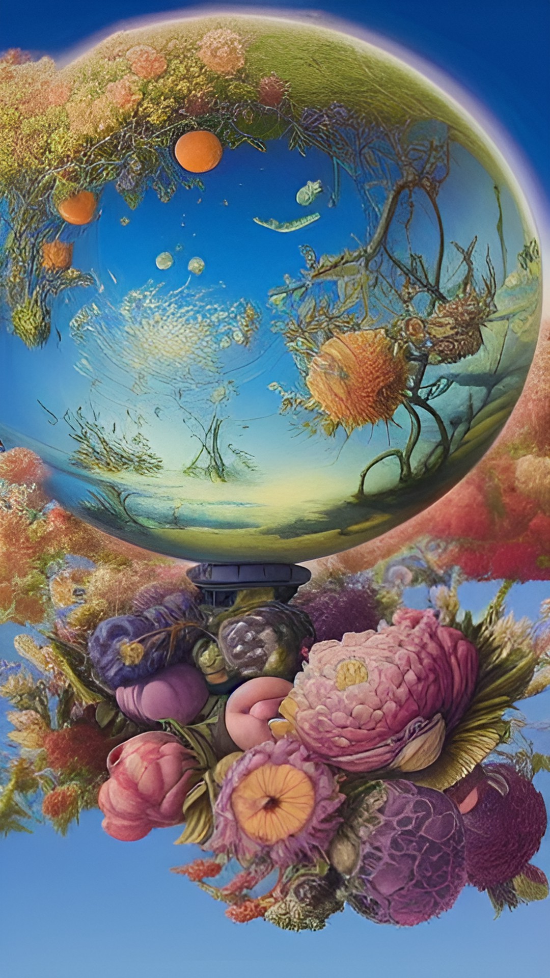 a sphere in the sky, the sphere is itself covered in various  blossoms preview