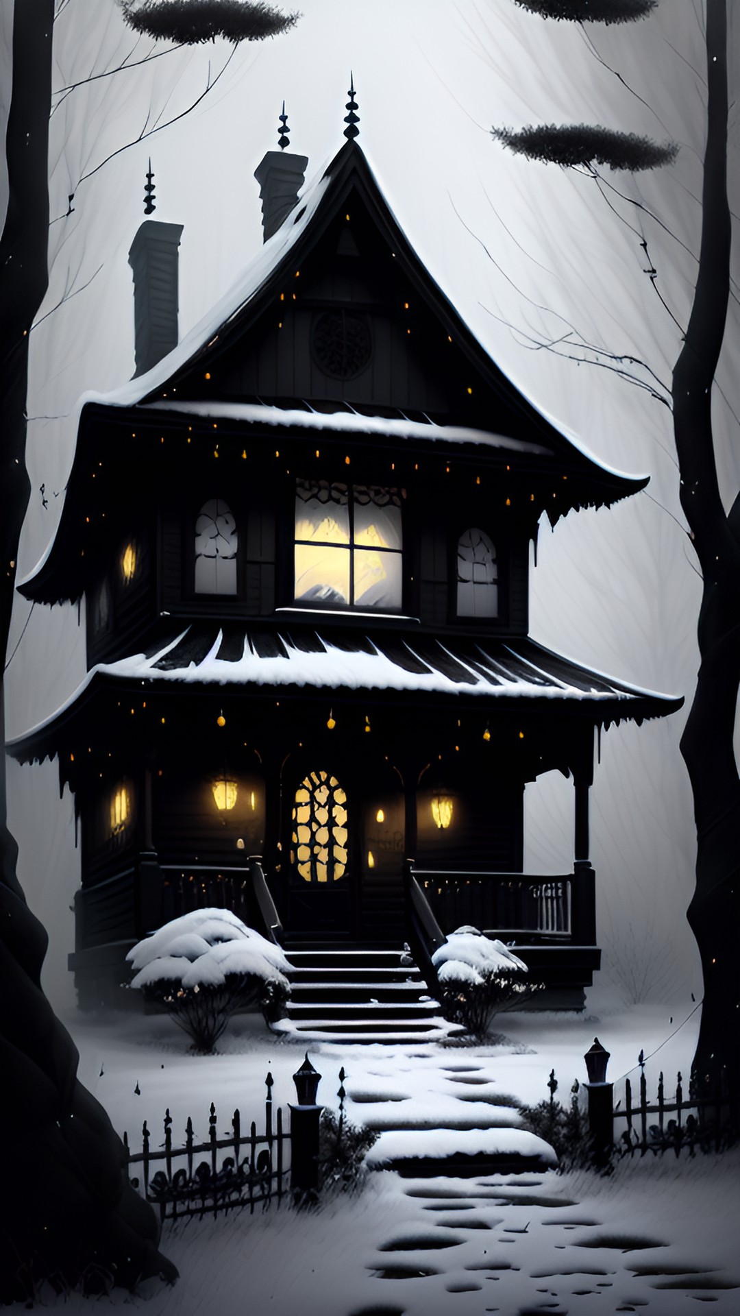 할로윈 - 할로윈 파티를 위해 꾸민 집, 밤 풍경 - a spooky house decorated for halloween with eerie night scenery. ghostly lights illuminate the lawn and creepy spiderwebs hang from the front porch. preview