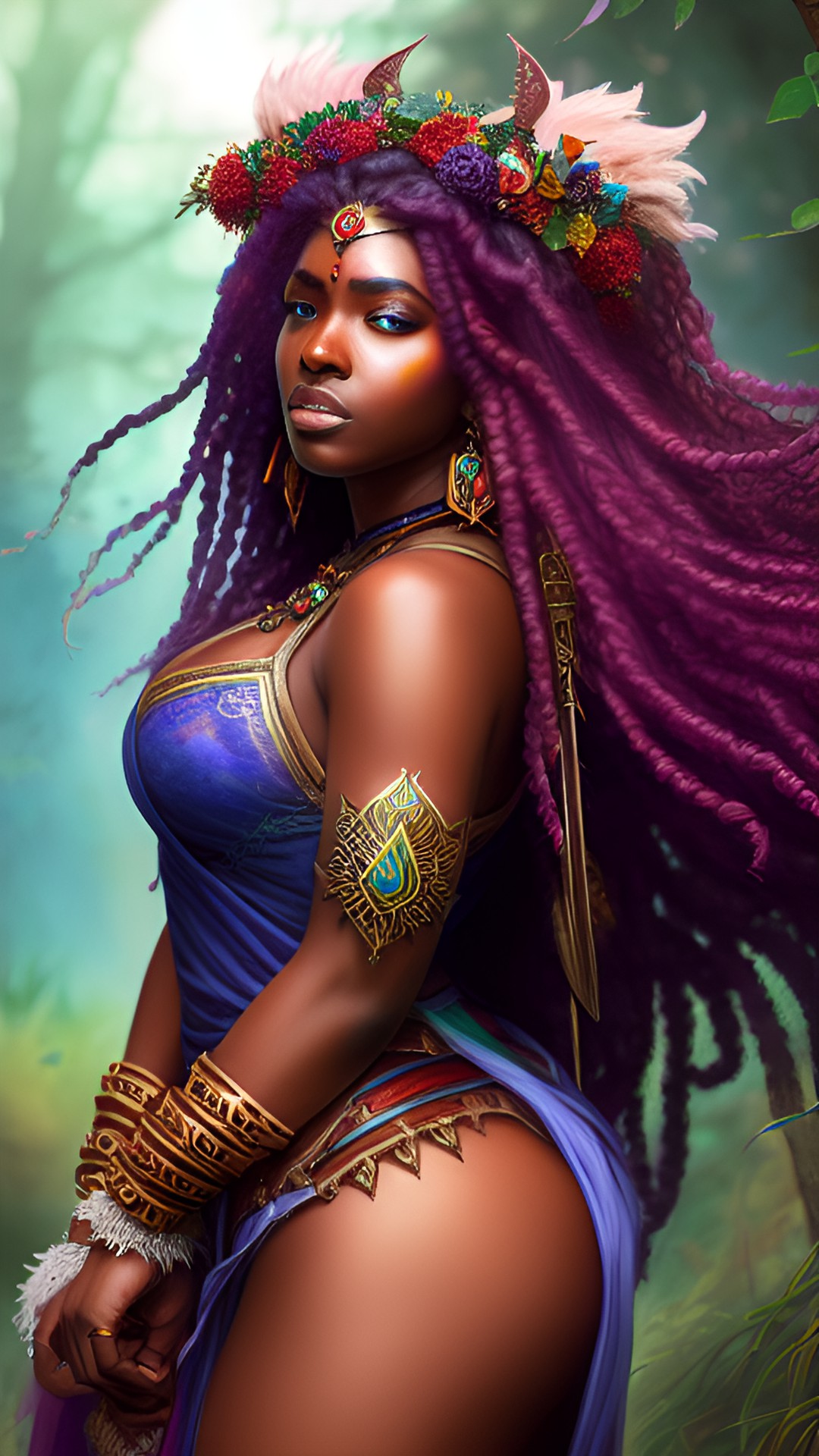 voluptuous druid priestess woman orisha long flowy hair hyper detailed portrait high resolution warrior battle epic fantasy preview