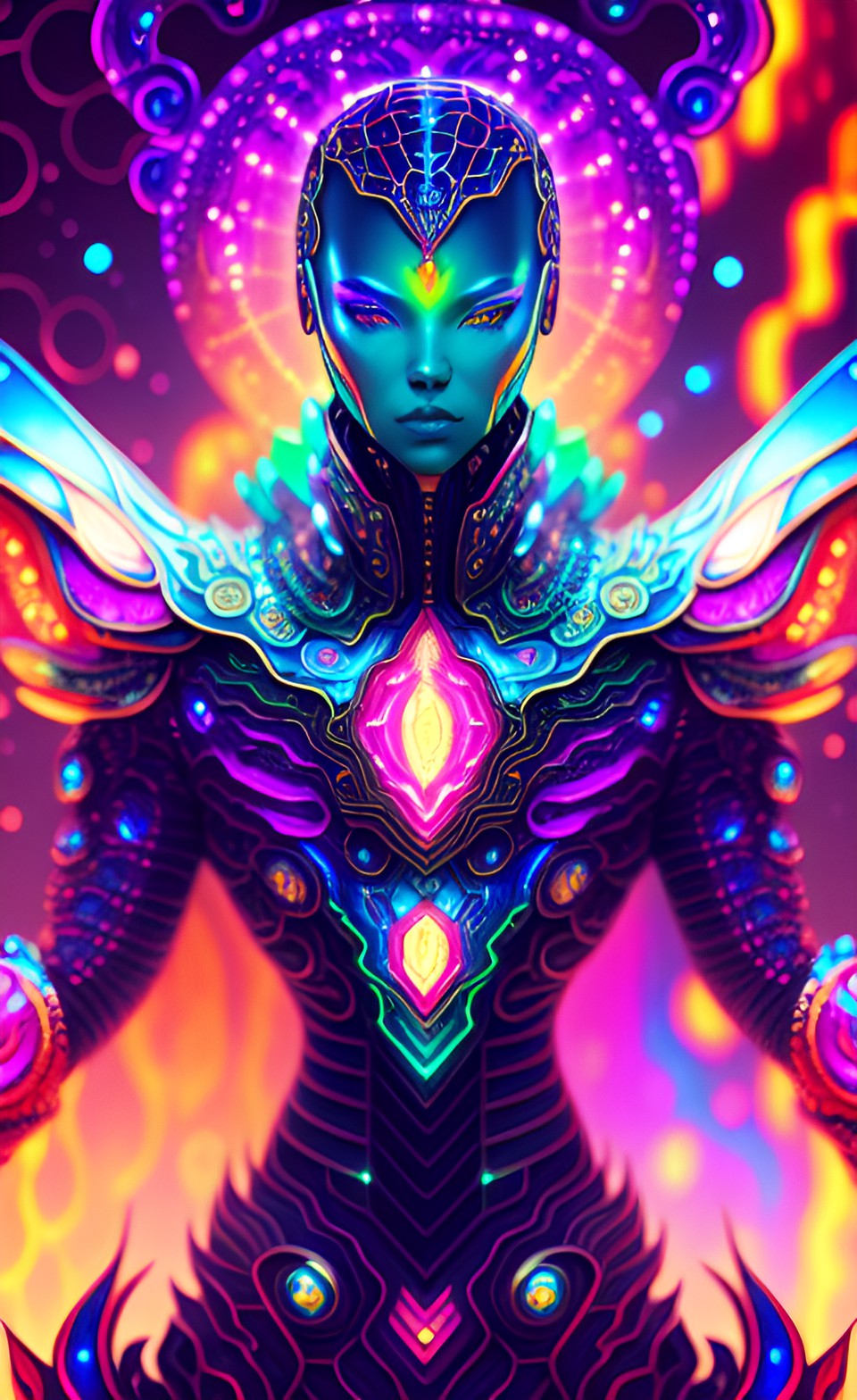 alien cyborg with iridescent scales, reds,blues, textured, intricate, ornate, shadowed, 3d,insanely detailed, deco style,  burton, chihuly, cheng,rolando, inner glow,giger,afremov,fractals preview