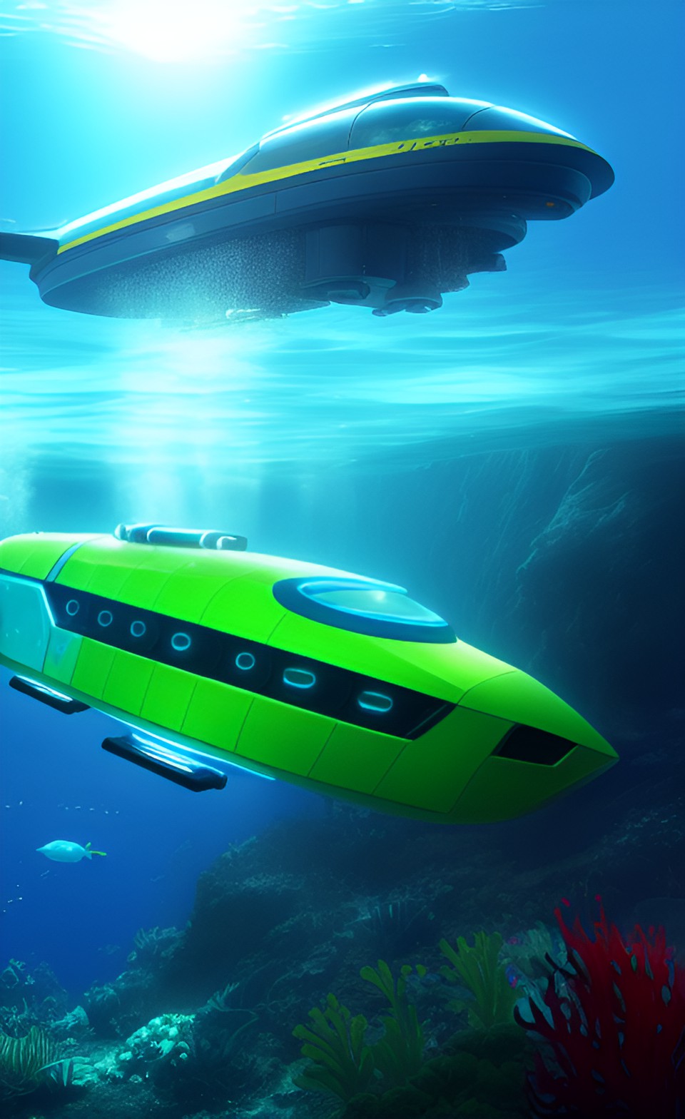 a underwater futuristic vehicle as a still from subnautica preview