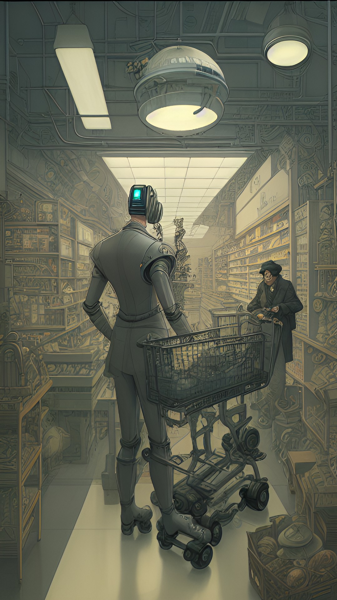 still life of shoping in robot shop,by syd mead&arthur rackham$colors$pastel preview