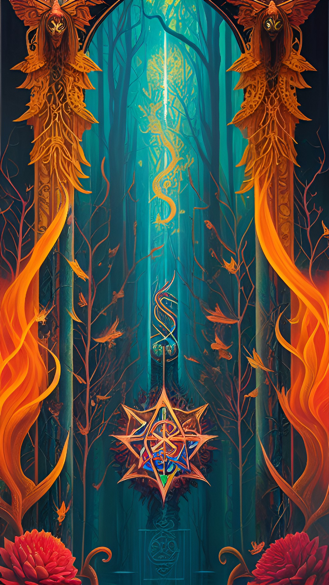 flaming runes. dark green background. fantasy. preview