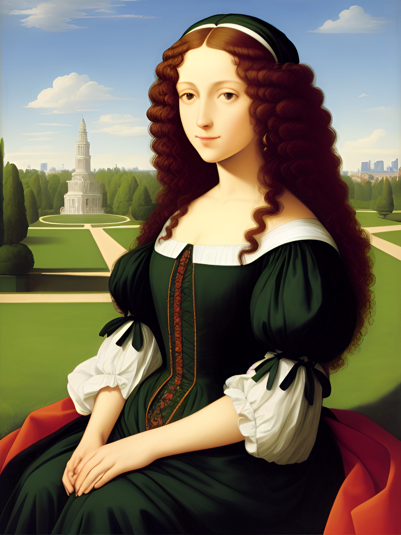 a woman with long curly hair renaissance , park background jan van eyk preview