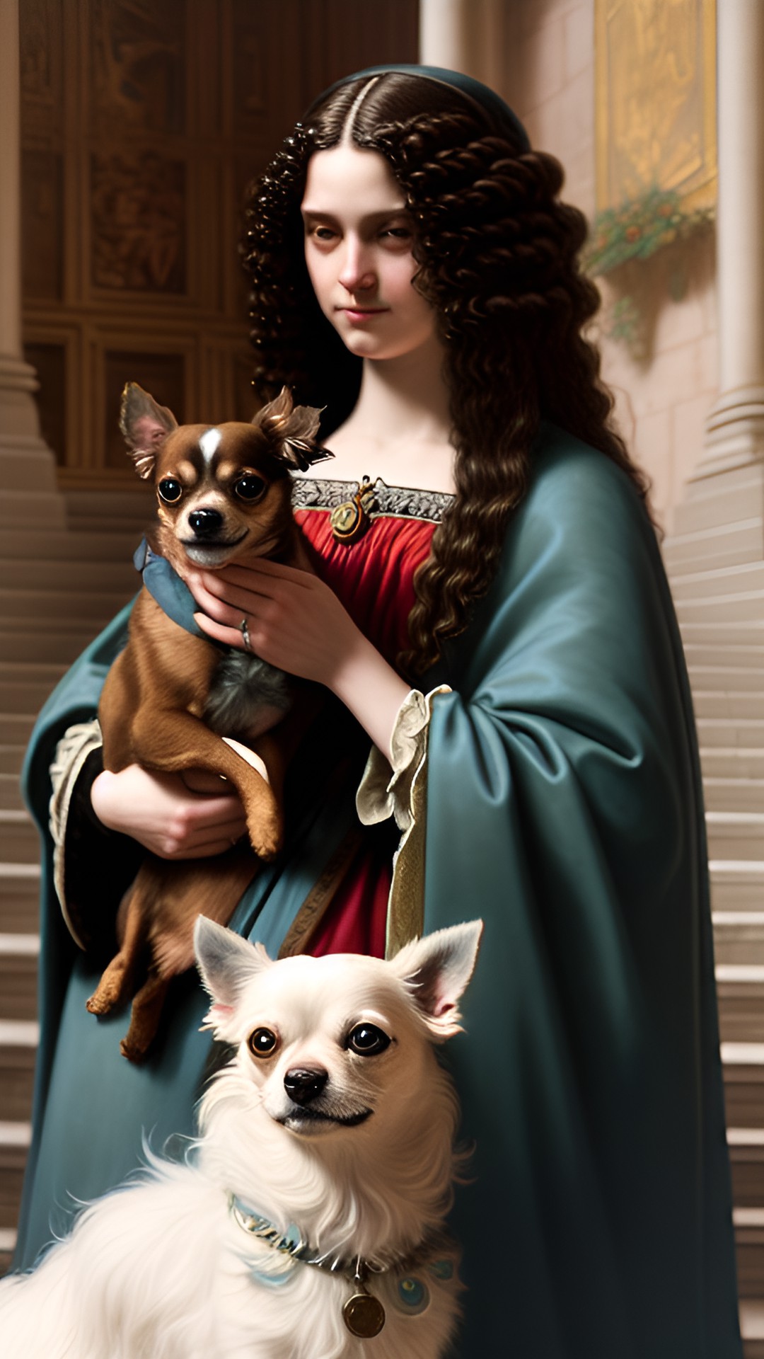 an italian womam with curly hair renaissance period holding a chihuahua dog leonardo da vinci preview