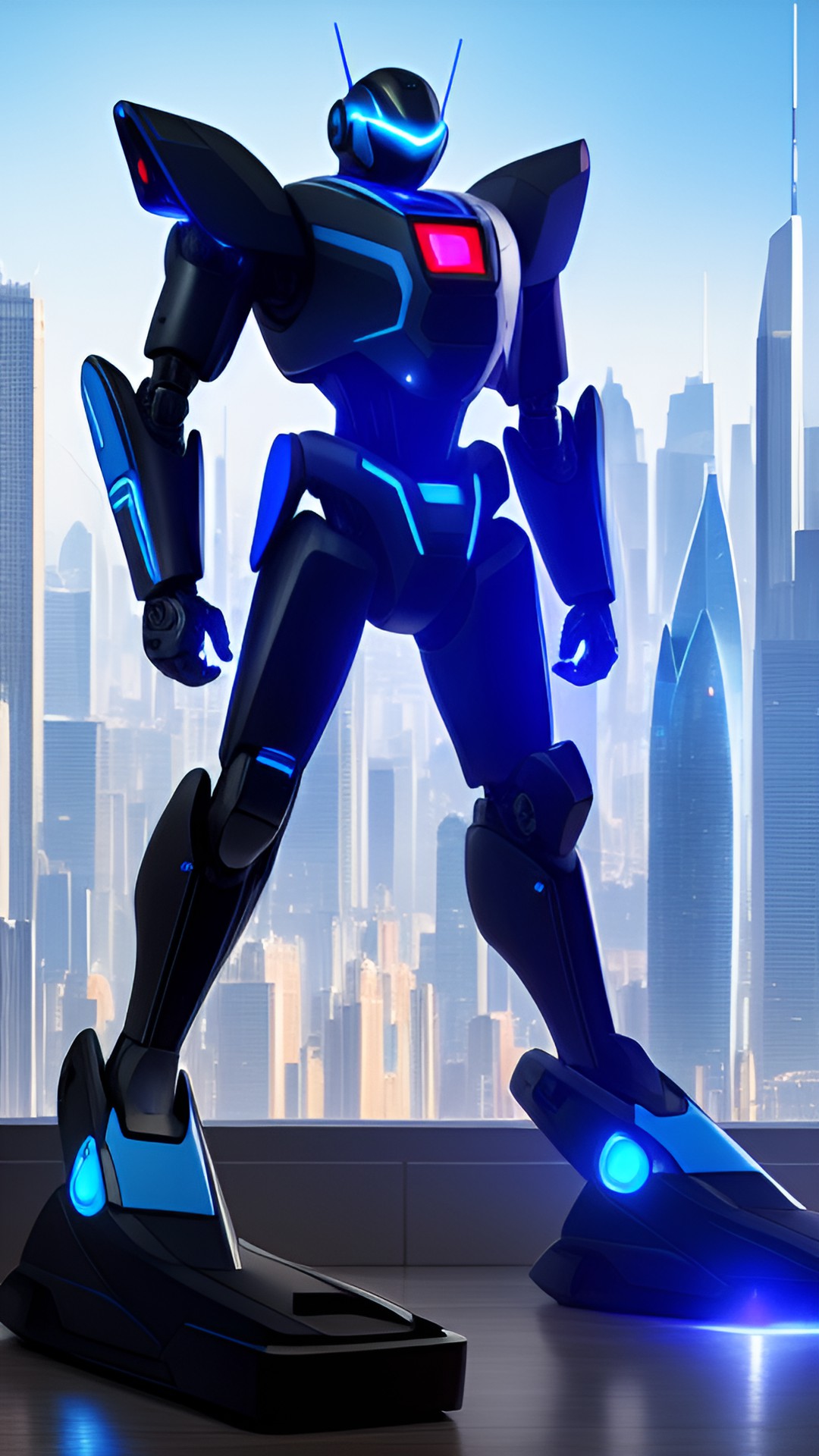 a sleek metallic robot named argv with glowing blue eyes and a built-in laser gun, standing confidently in a futuristic cityscape." preview