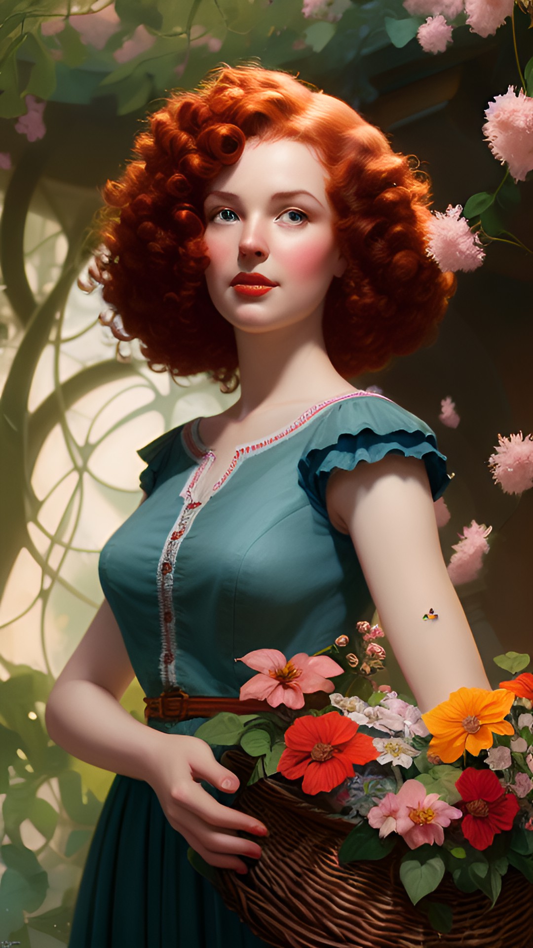 woman with curly red  hair holding a basket of flowers gil elvgren preview