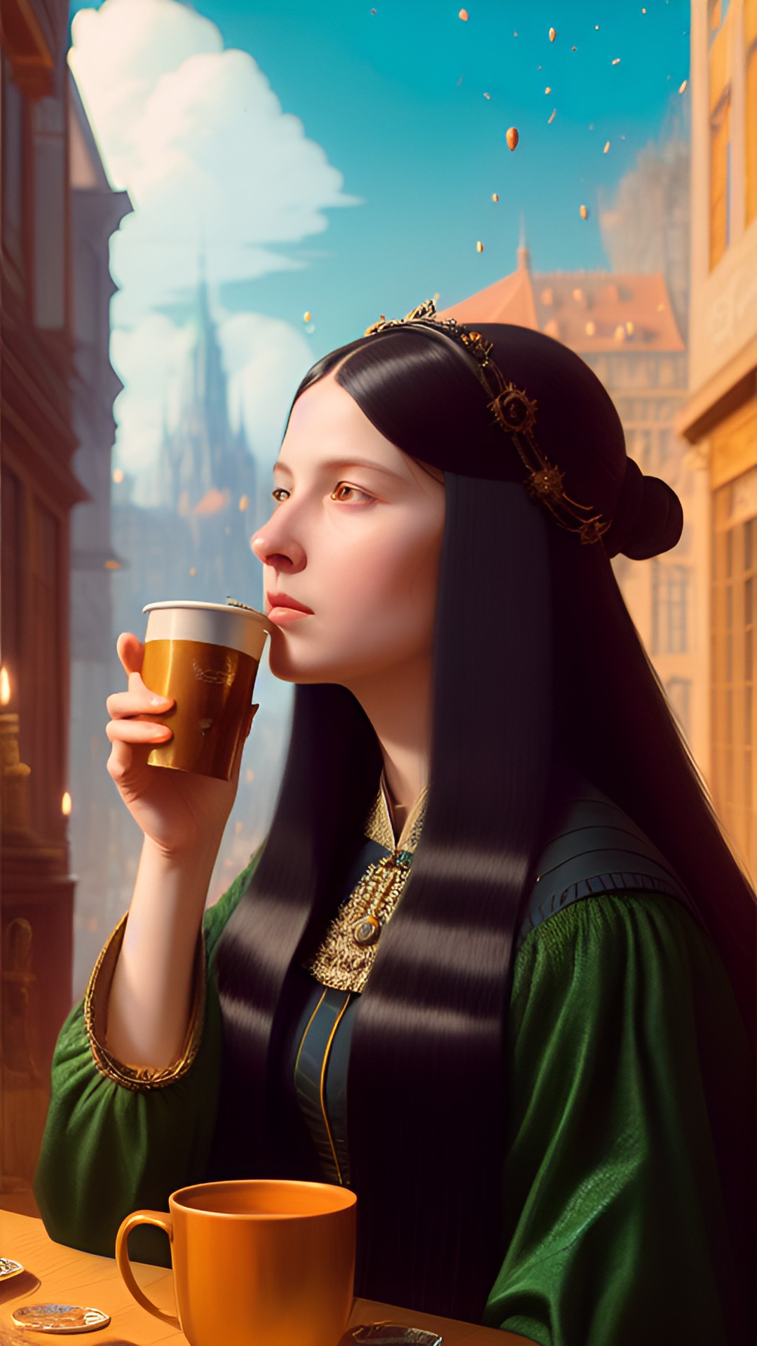 a woman with long black hair drinking coffee  jan van eyck preview