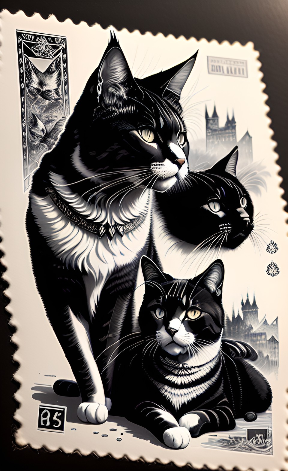 cats on stamp - cats on british stamps, with queens head silhouette in top right corner preview