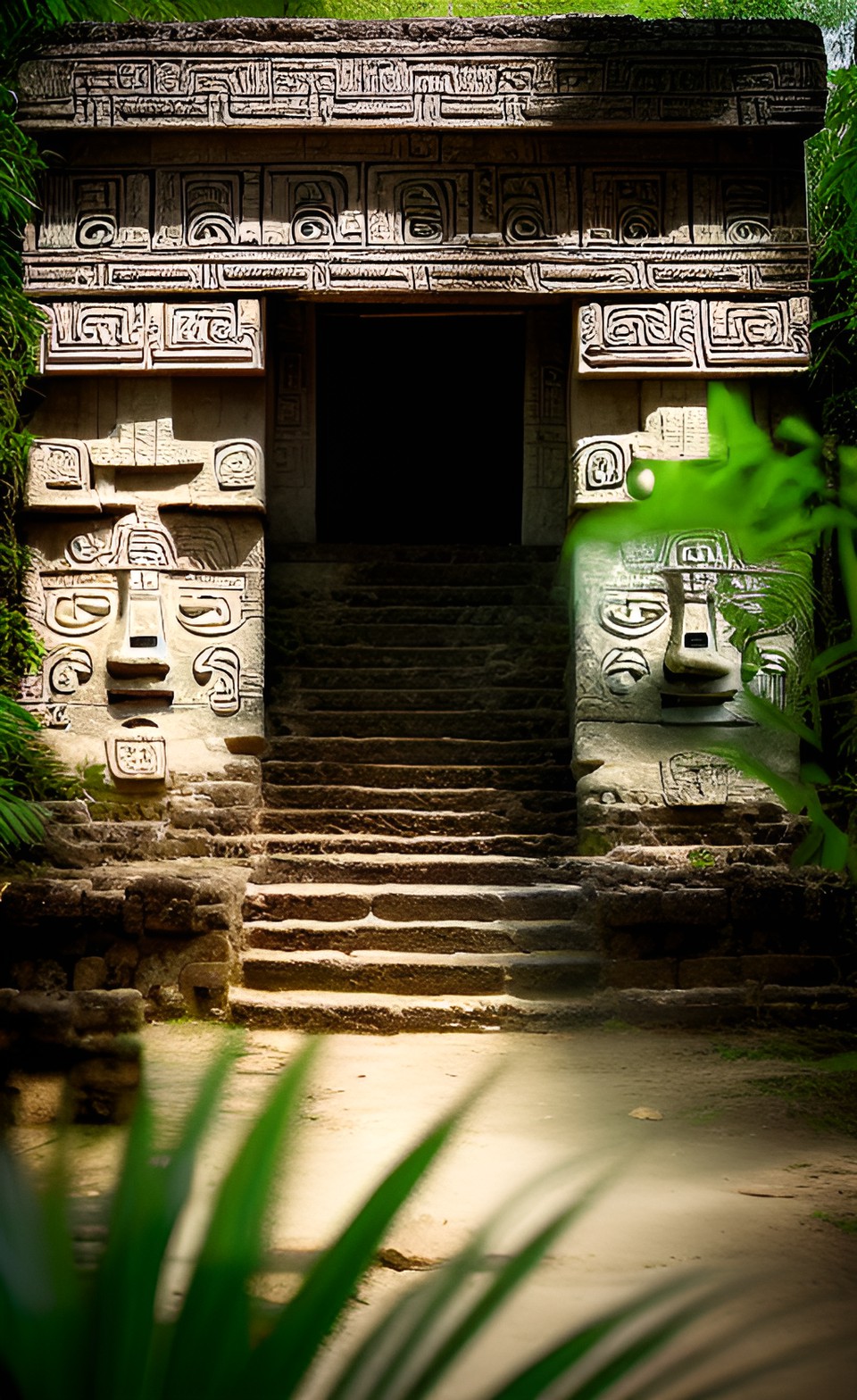 Mayan - hyperrealist ancient stone mayan ruins at jungle  pyramids ornated with intrincated carved work preview